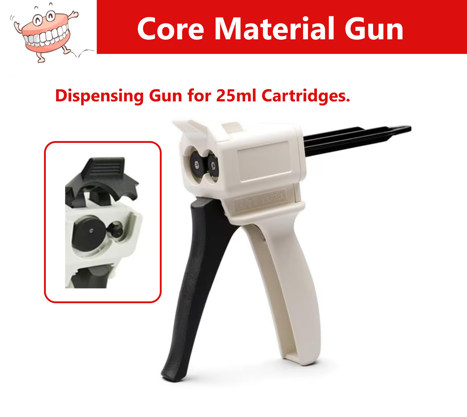 Dental Core Material Gun Dispensing Gun for 25 ml Cartridges, 1:1 Automix Gun