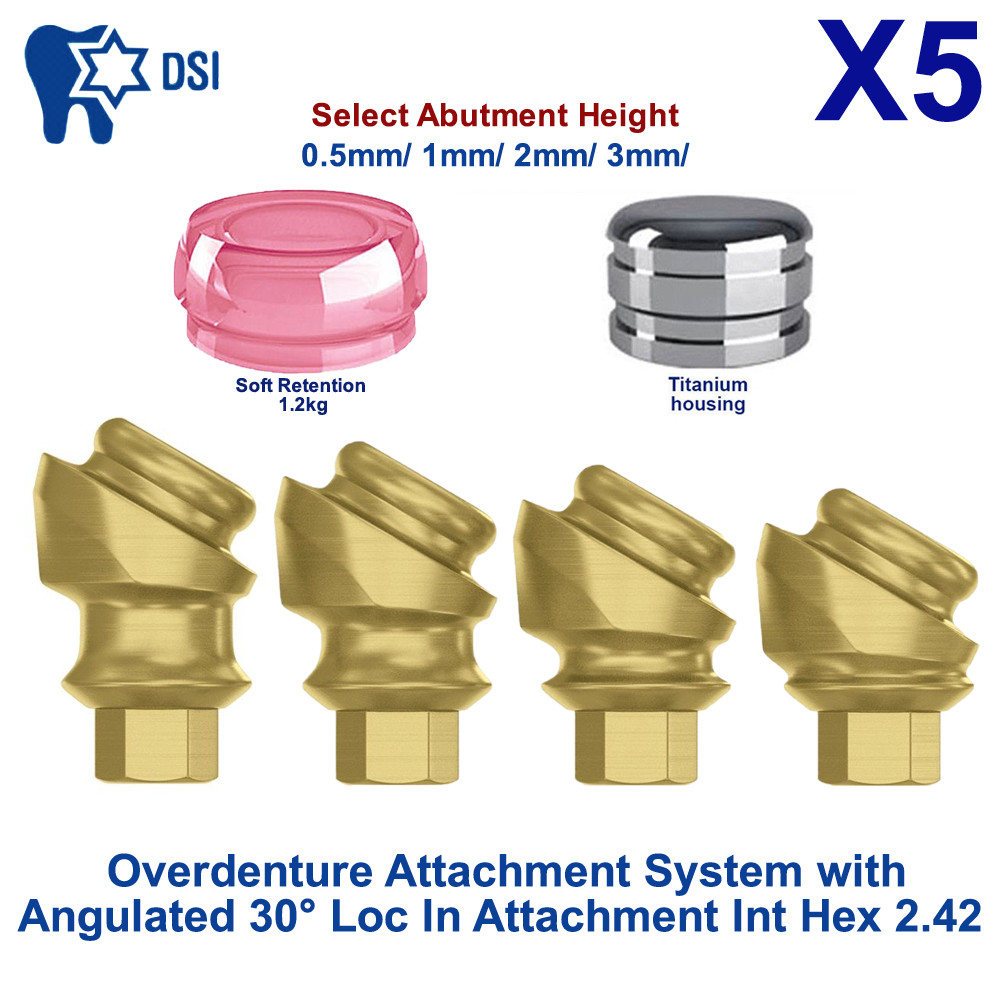 5x Set Abutment Angulated Loc-In 30° Attachment Int Hex 2.42 Soft Cap