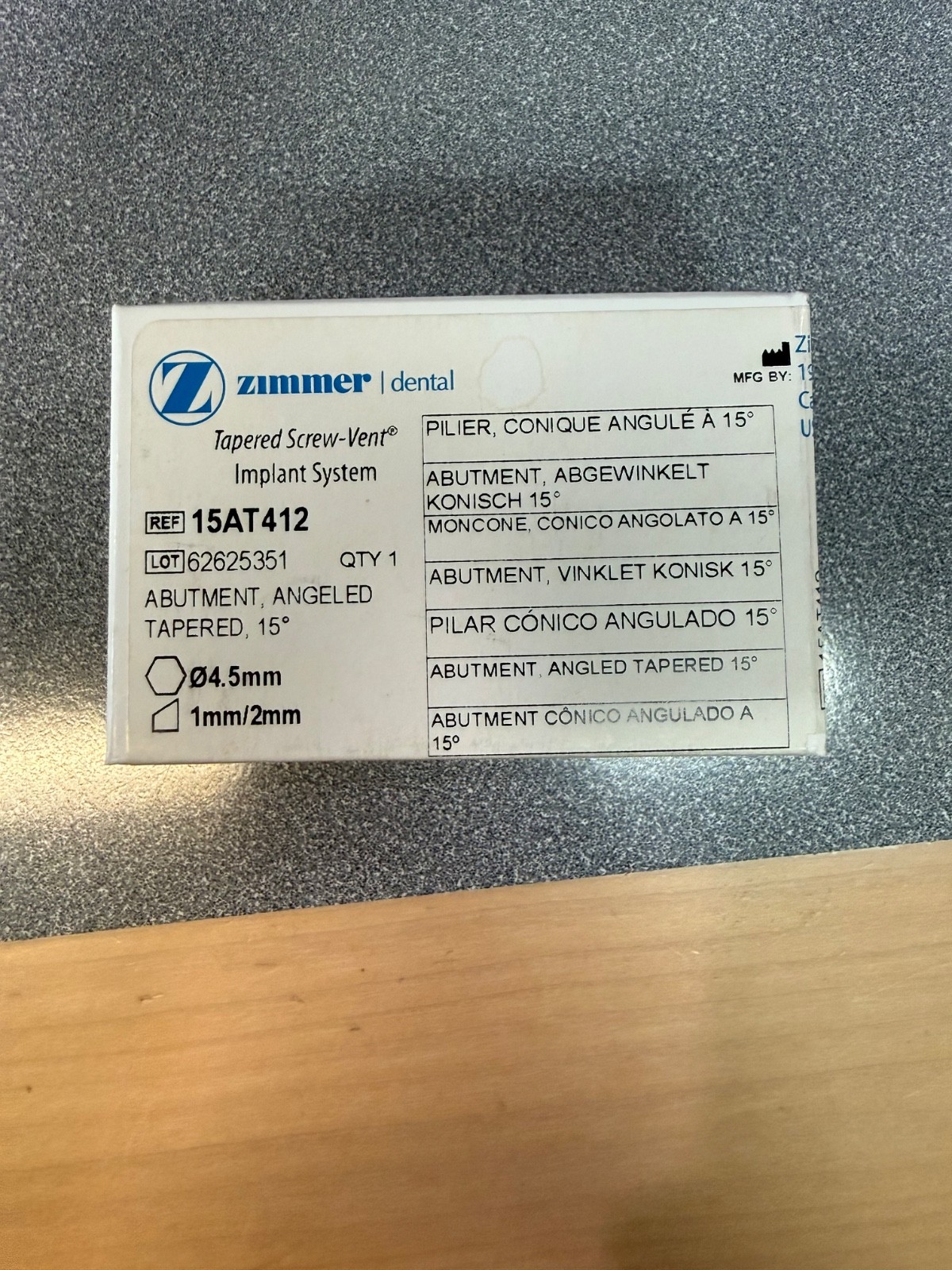 Zimmer Abutment Angeled Tapered 15* 4.5 Ref 15AT412