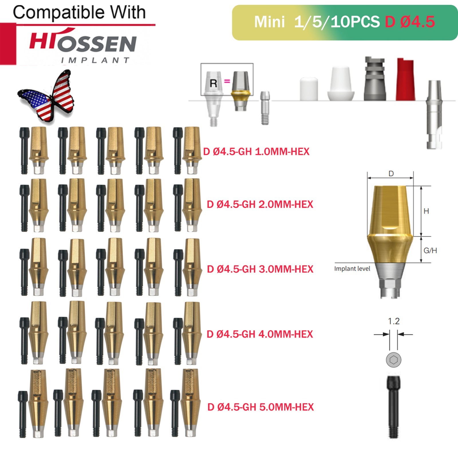 US Dental Mini/Regular Straight Transfer Hex Abutment – Fit Hiossen ET/Osstem TS
