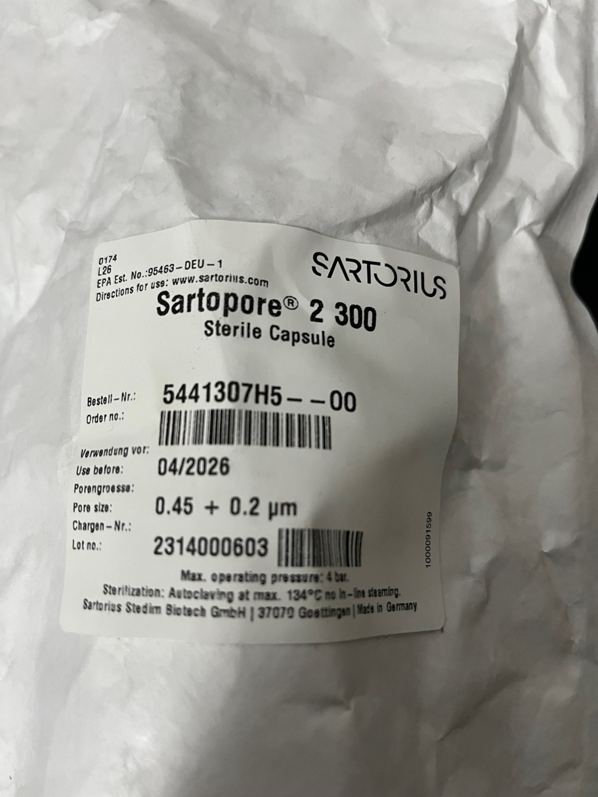 Sartorius 5441307H5 00 Sartopore 2 300 Sterile Capsule , 0.45 + 0.2 µm, Exp 4/26