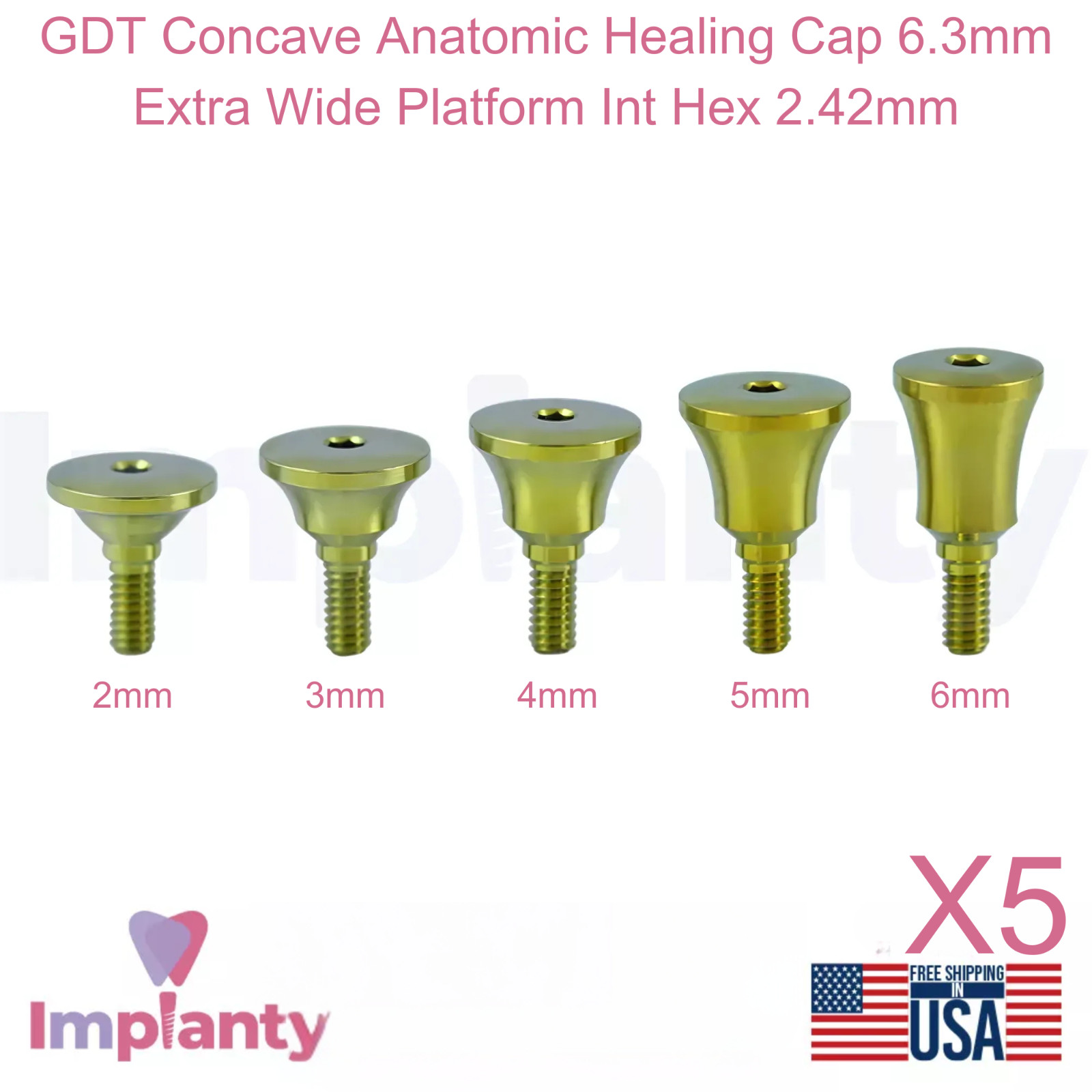 5x GDT Concave Anatomic Extra Wide Platform Healing Cap Ø6.3mm Int Hex 2.42mm