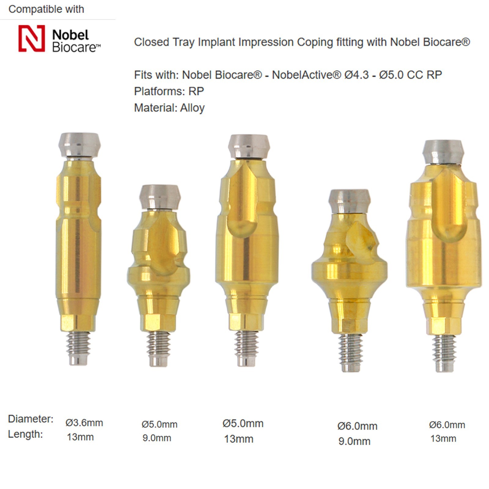 Nobel Biocare Active Implant system Analog Impress Coping Open/Closed Tray NP/RP