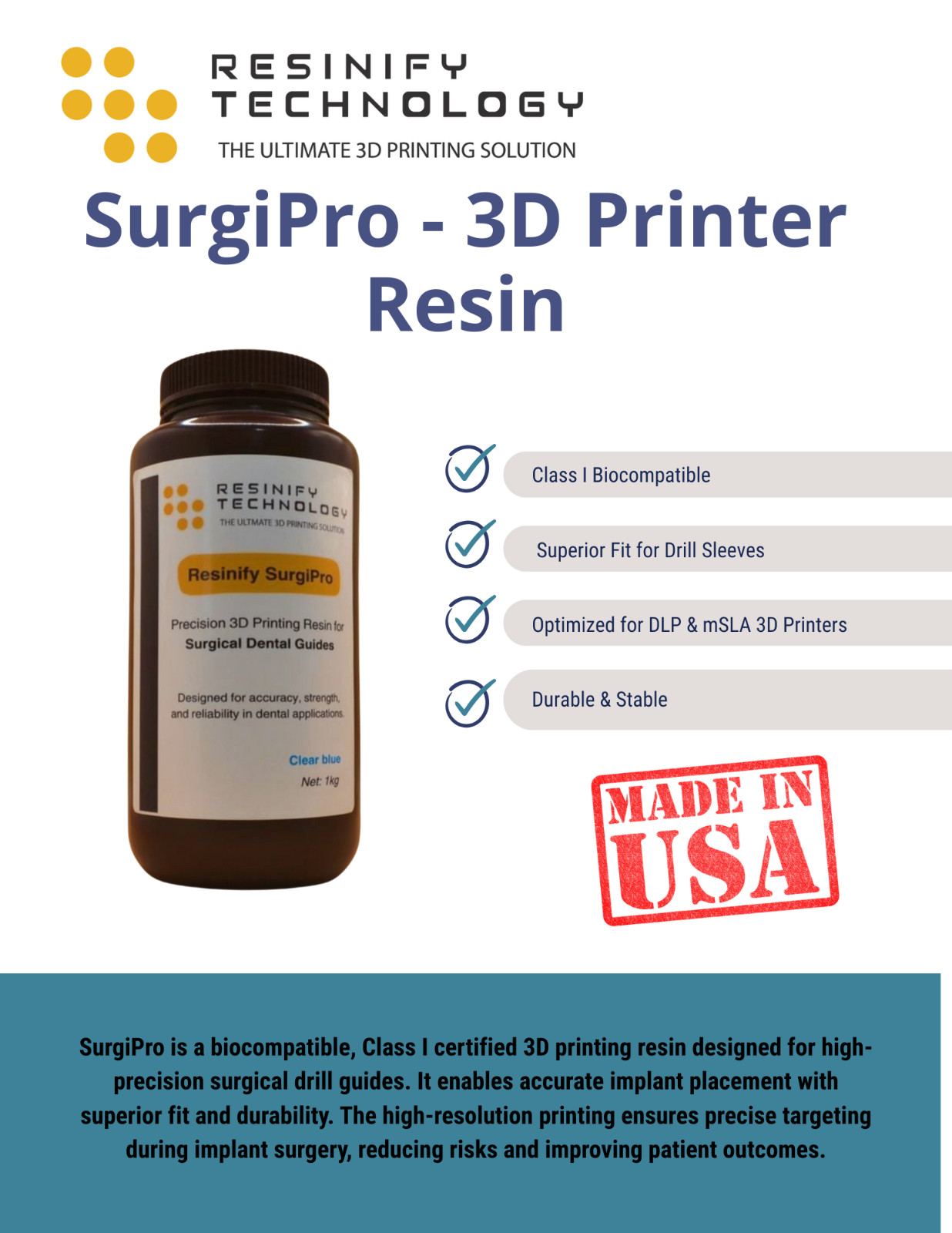 SurgiPro Surgical Guide Resin – Class I Biocompatible for Implant 3D Printing