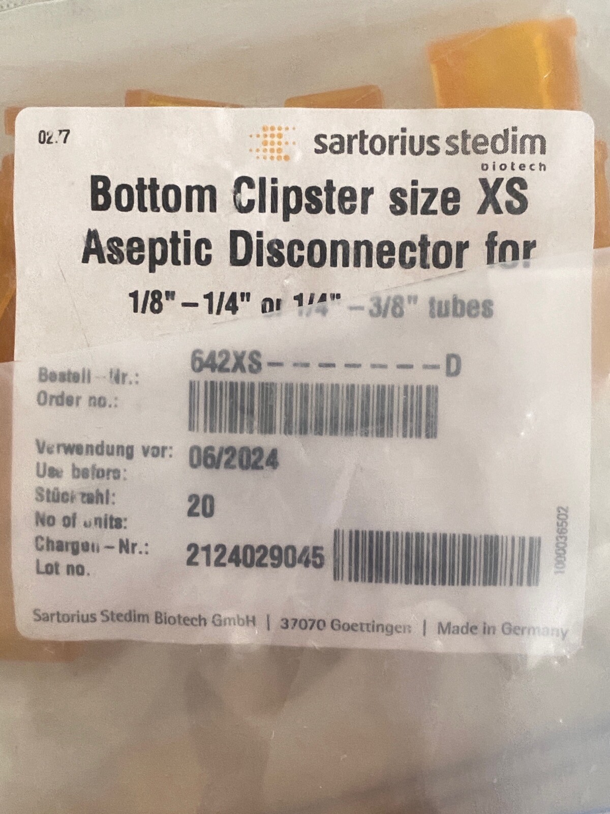 SARTORIUS Clipster Aseptic Disconnector Size XS 1/8-1/4”ID or 1/4-3/8”OD 642XS-D