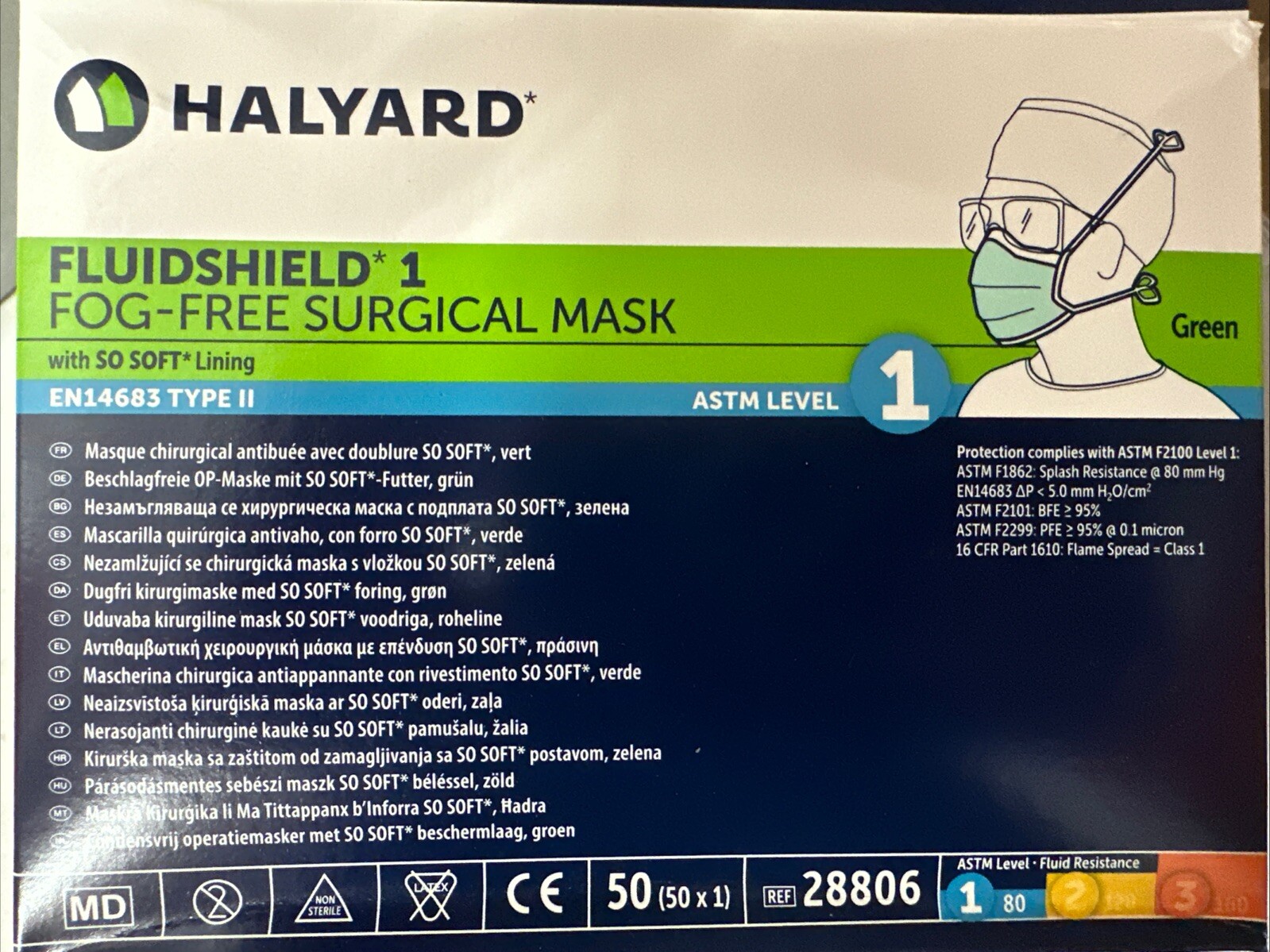 Fluidshield 1 Fog-Free Surgical Mask, ASTM Level 1, Halyard #28806, 300/Case!