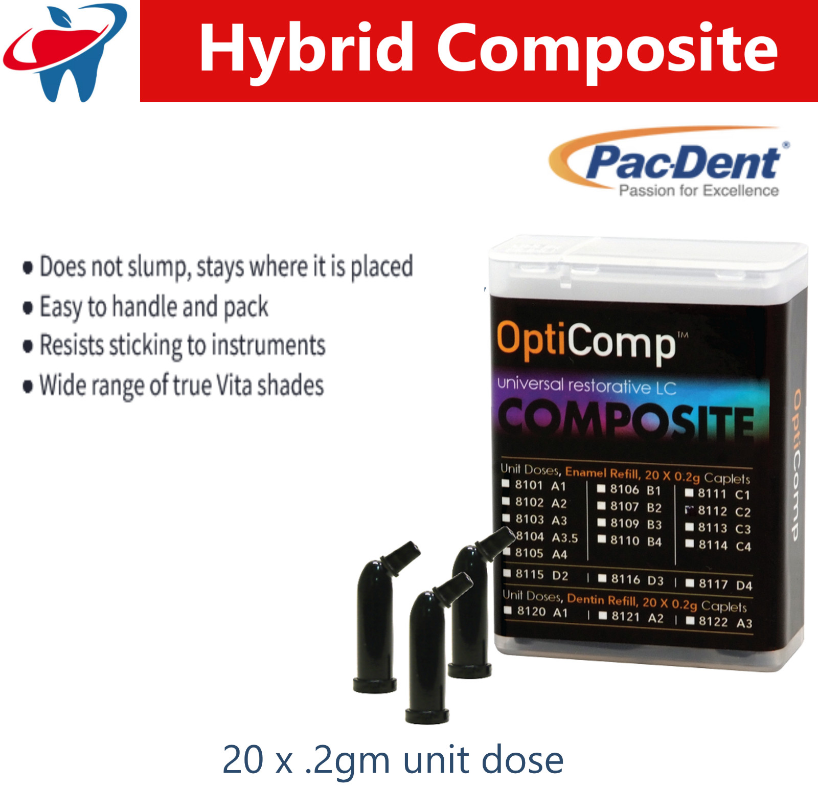 Dental OptiComp Micro Hybrid Composite Restorative Enamel Refill – 20 Compules