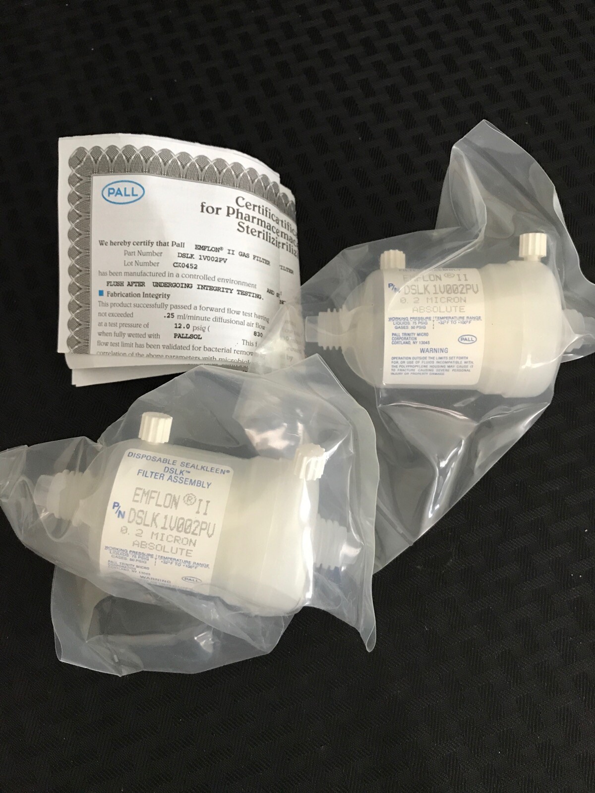 (2) PALL Disposable Emflon II SealKleen 0.2µm Gas Filter DSLK1V002PV
