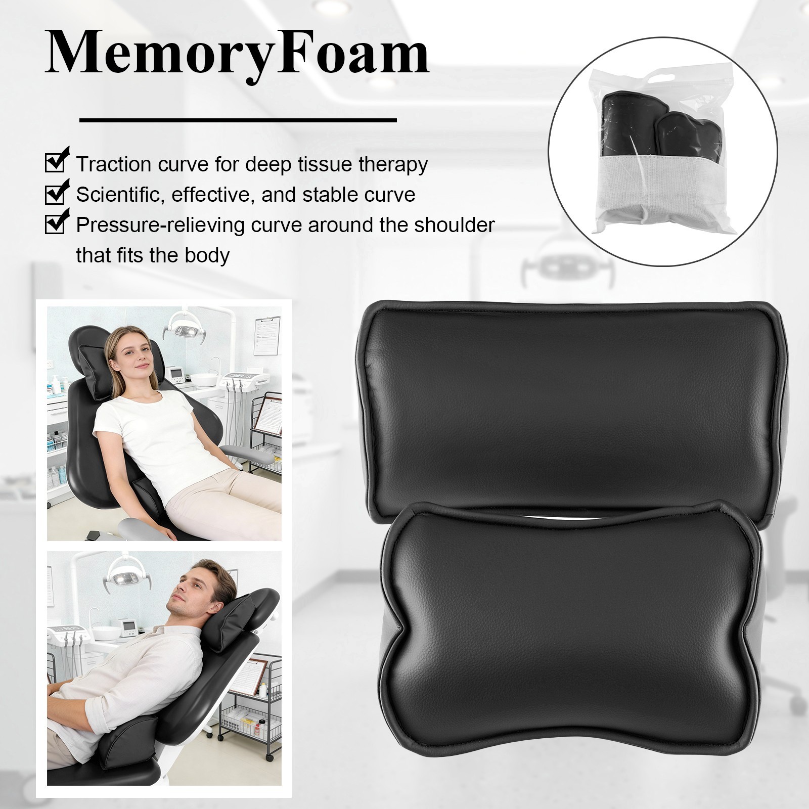 Dental Chair Neck Pillow Lumbar Cushion Set Memory Foam Microfiber Leather Black