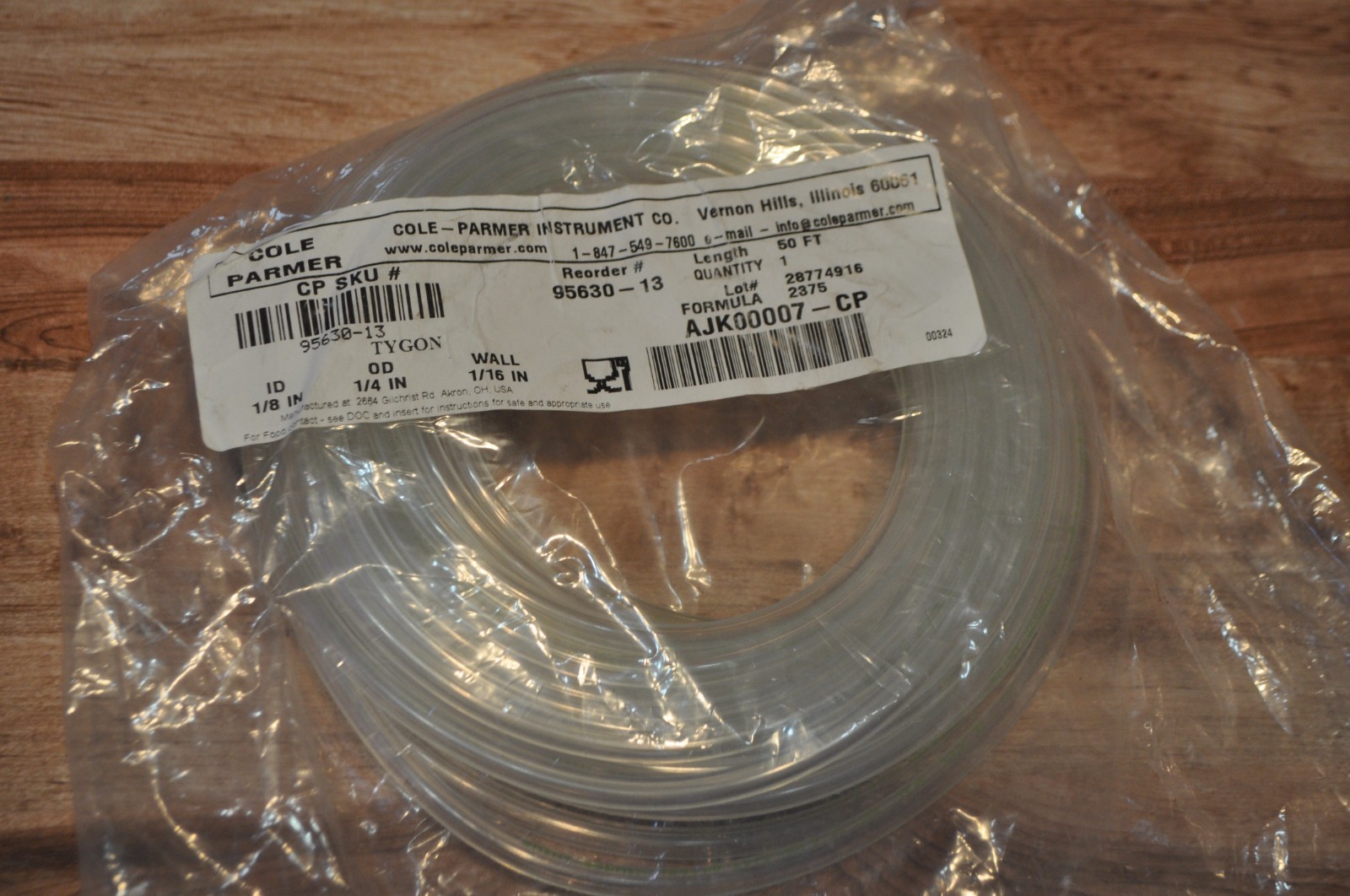 COLE-PARMER 1/8″ ID x 1/4″” OD approx 50’ L Tygon Vacuum Tube SKU# 95630-13
