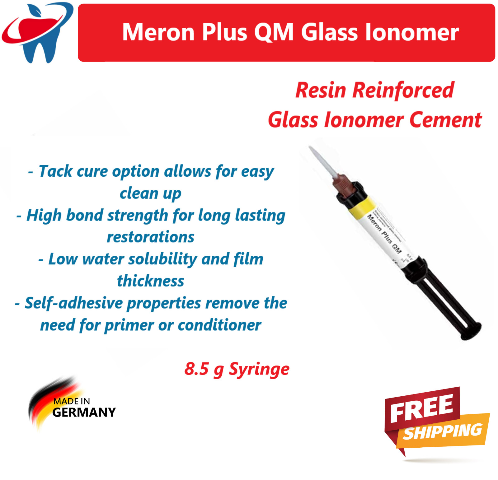 Meron Plus QM Resin Reinforced Glass Ionomer Cement 8.5gm Automix Syringe 1-3/Pk