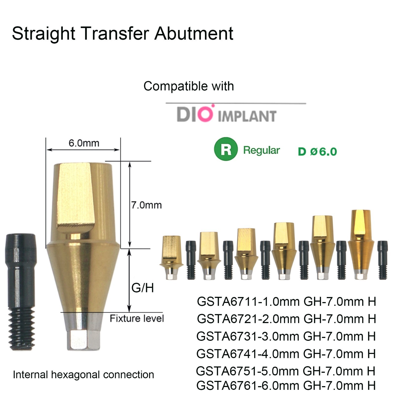 US Straight Abutment Internal Hex 7.0mm H W/Screw For DIO UFII Regular Implants
