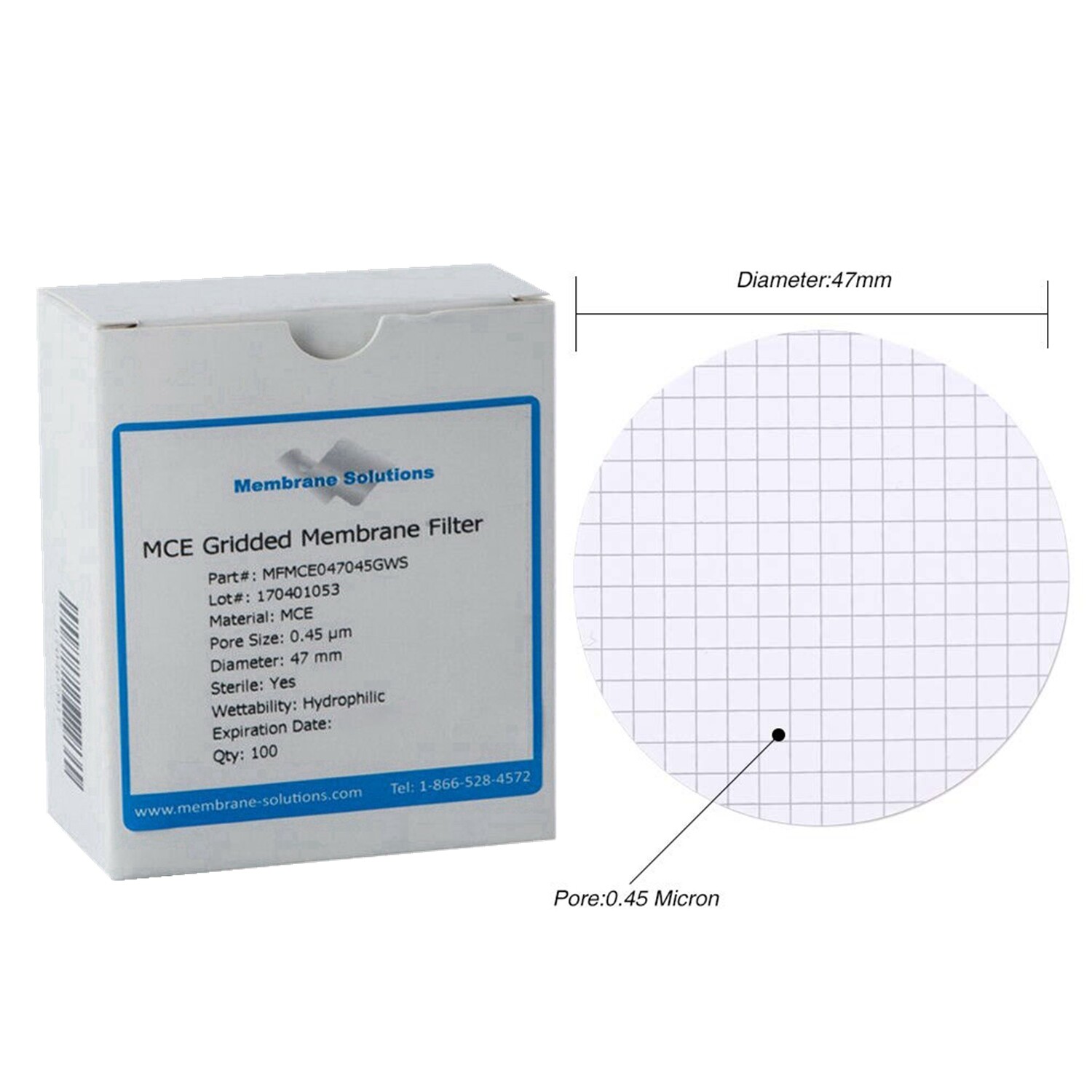 Sterile MCE Gridded Membrane Filter Diameter:47mm Pore:0.45 Micron Pack of 100
