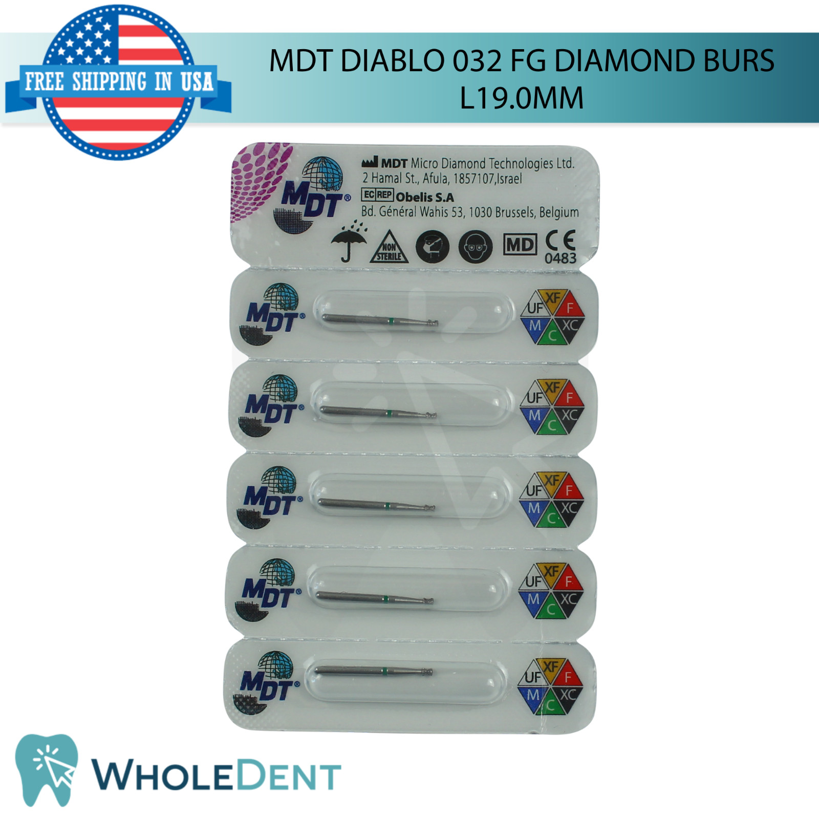 Dental MDT Diablo 032 FG Diamond Burs L19.0mm Ø1.4mmX2.3mm Fine Contouring