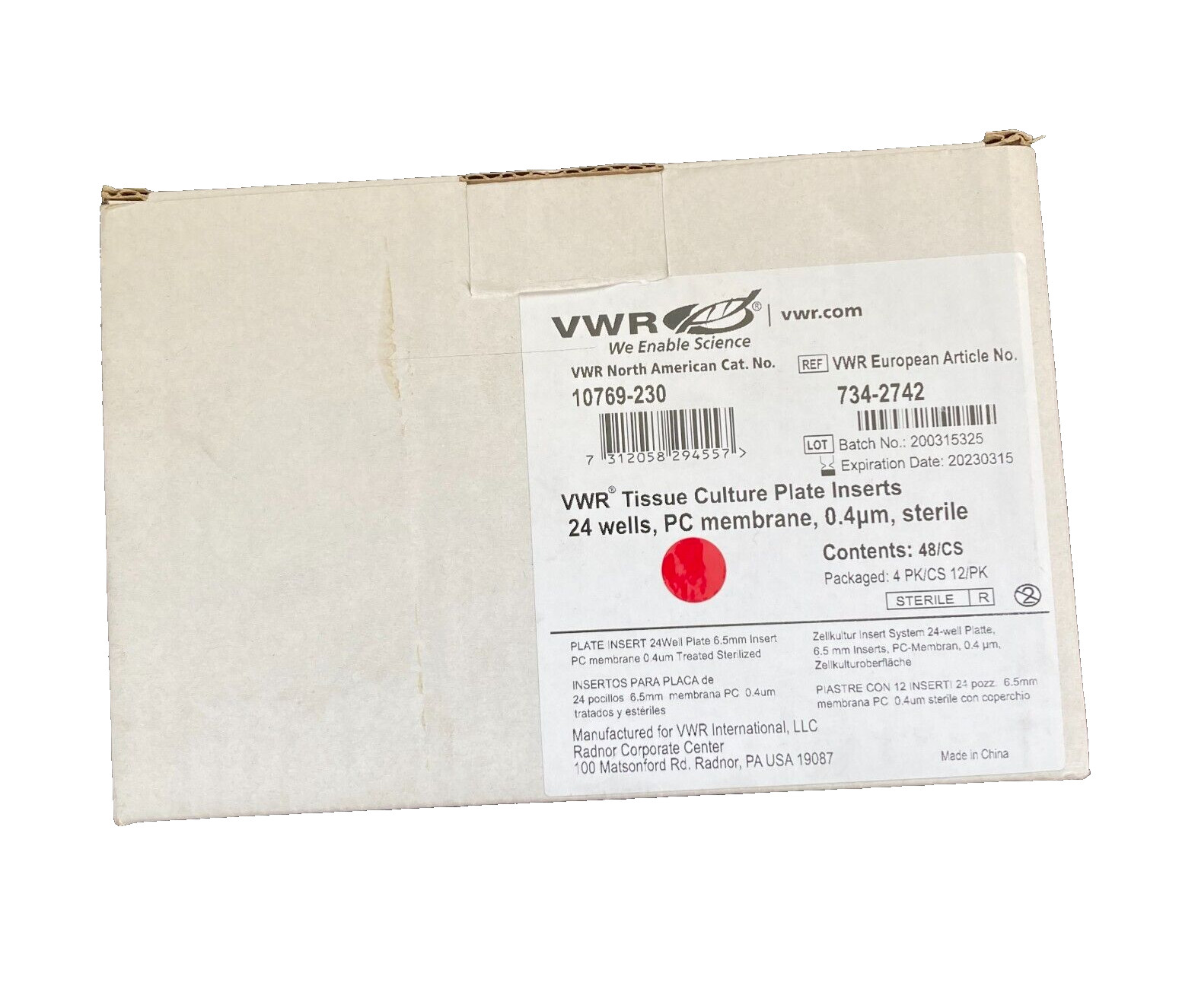 NEW VWR Cell Culture Inserts, 24 well plate format, 0.4 µm, 48/case (10769-230)