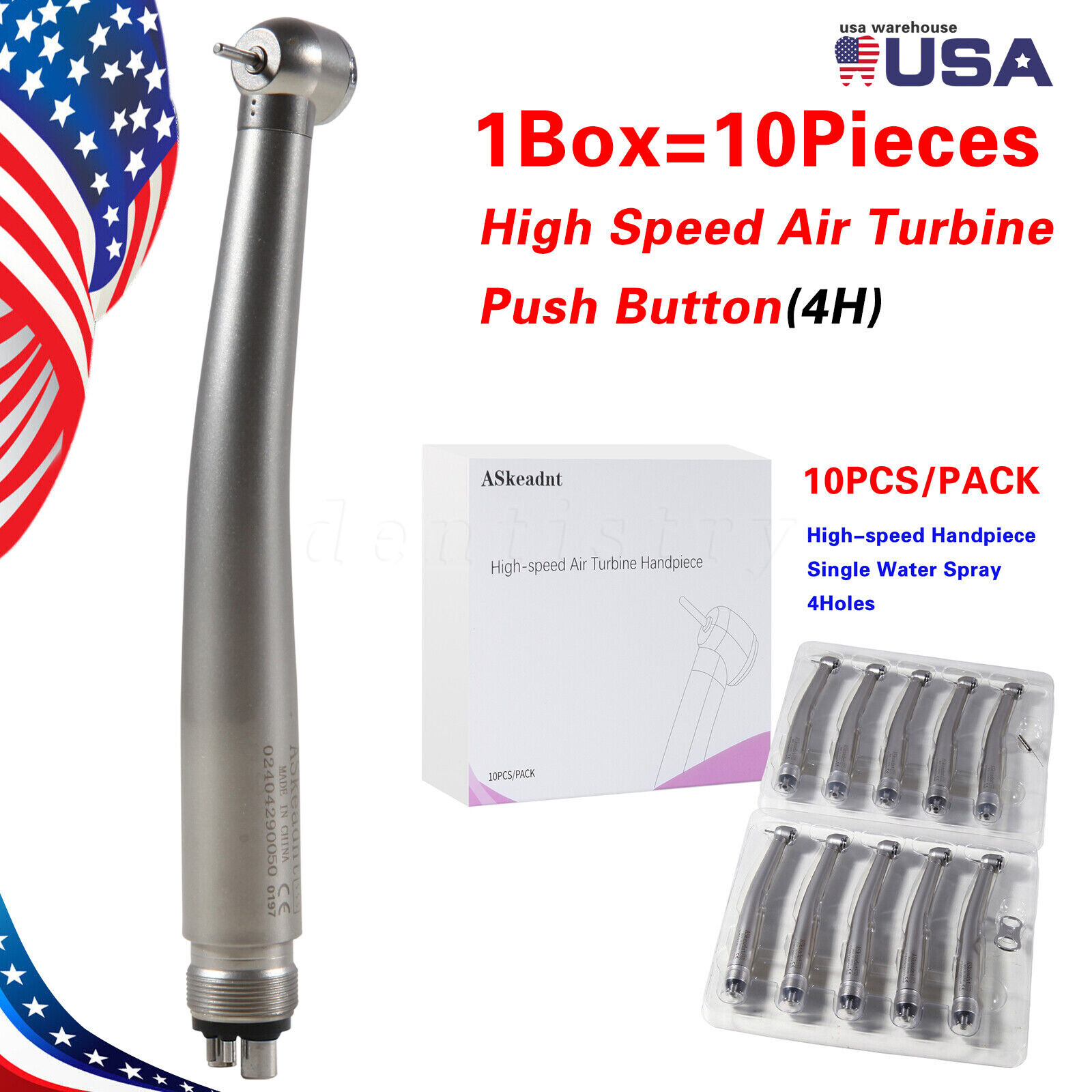 10 PCS Turbina Dental High Speed Handpiece 4Hole Push Button Spray fit NSK