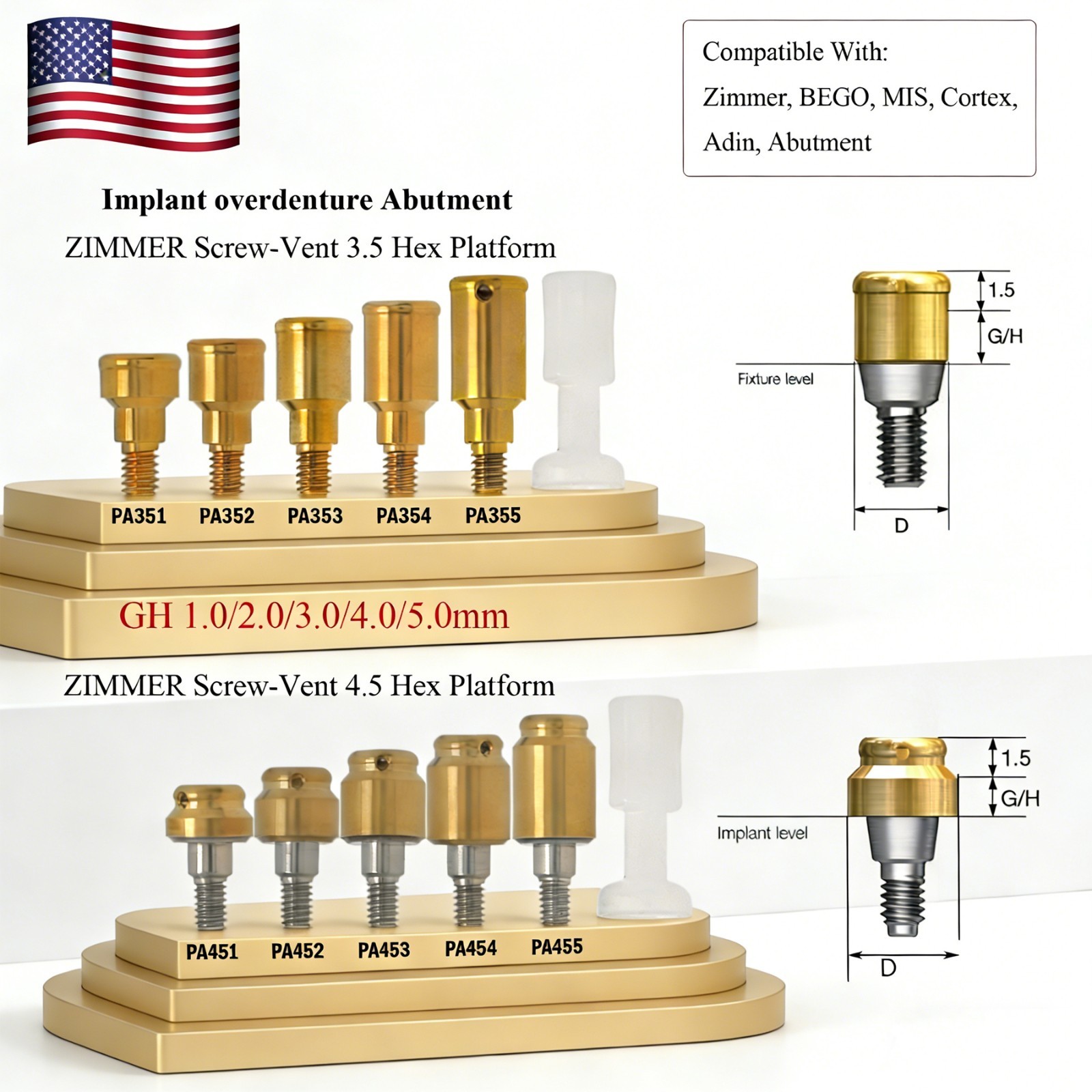 US For Zimmer MIS Implant Removable Locator Abutment Diameter Ø3.5mm/4.5mm 1Pcs