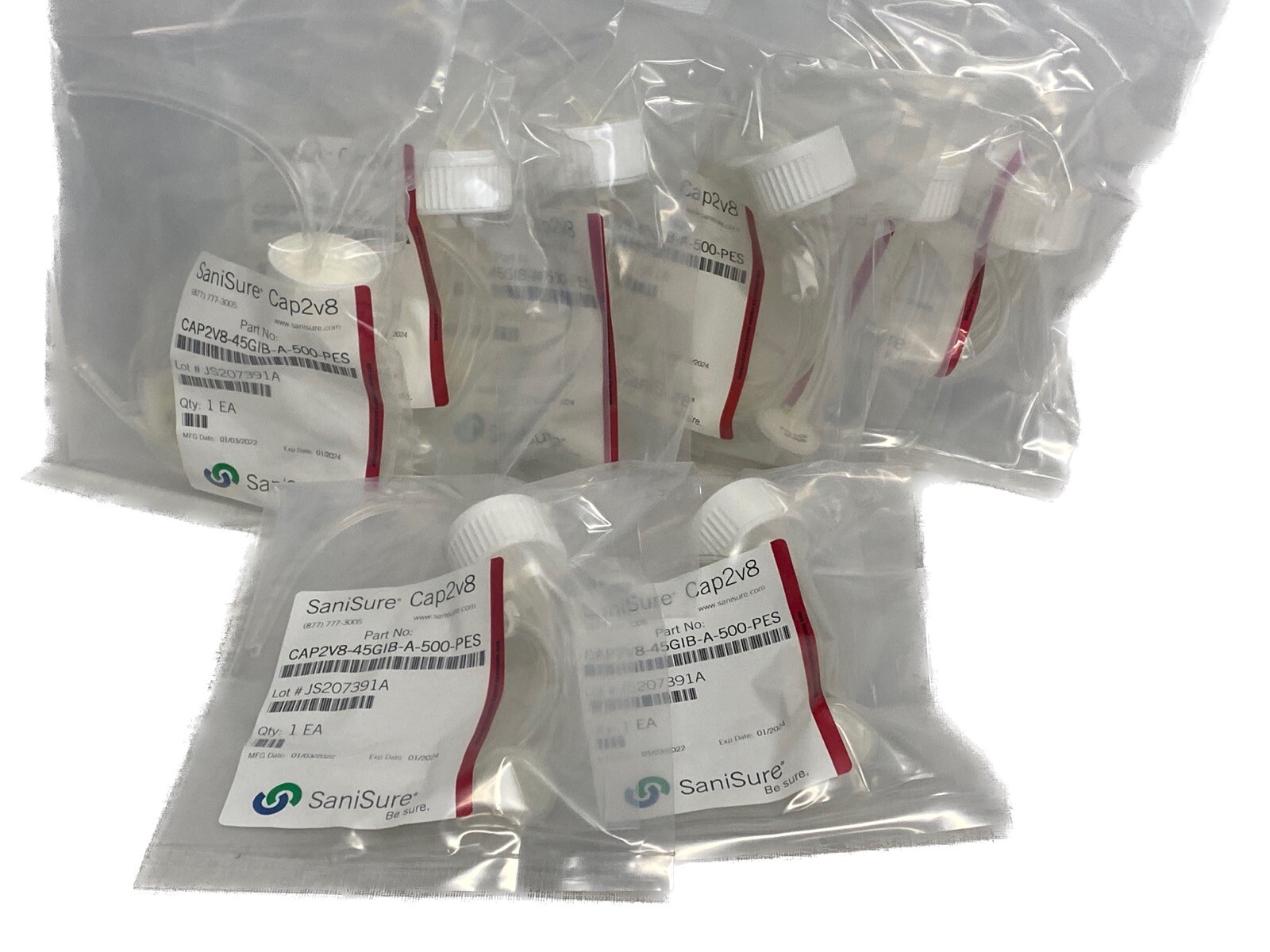 (9) SANISURE Cap2v8 Bottle Closure Assembly w/ 2-Ports CAP2V8-45GIB-A-500-PES