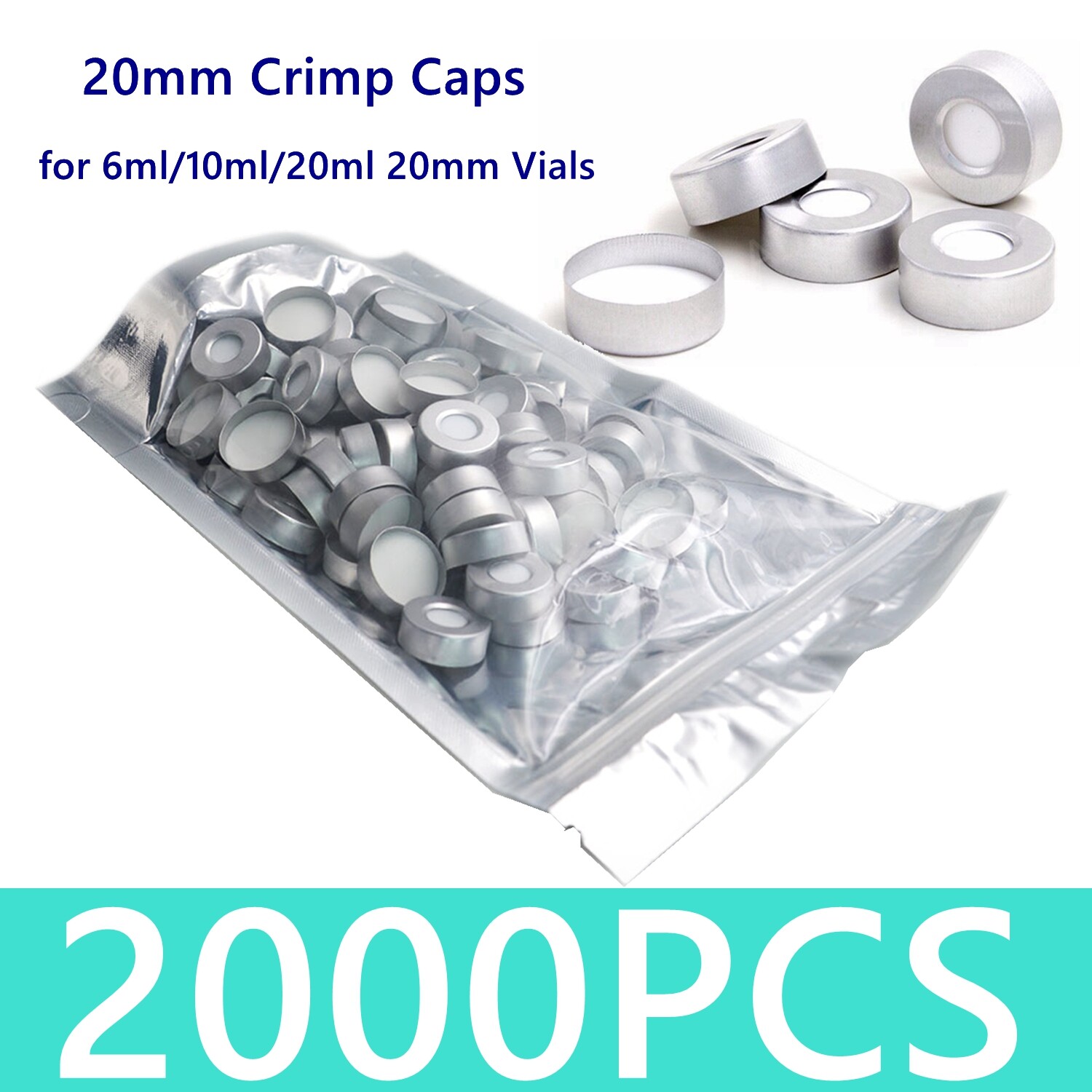 2000pcs 20mm Aluminum Crimp Caps PTFE/White Silicone Septa F 10ml Headspace Vial