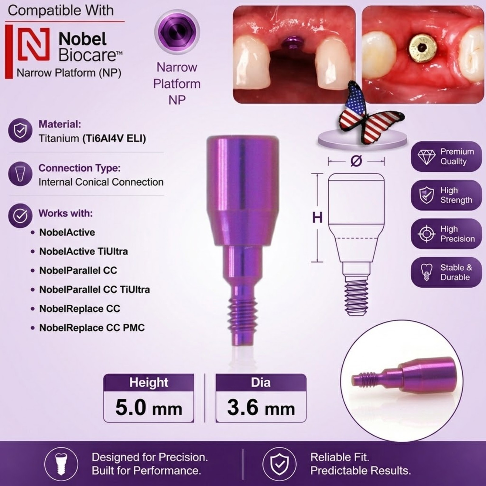 US Nobel Biocare Titanium Healing Abutment NP RP Internal Conical ∅3.6/5.0/6.0mm