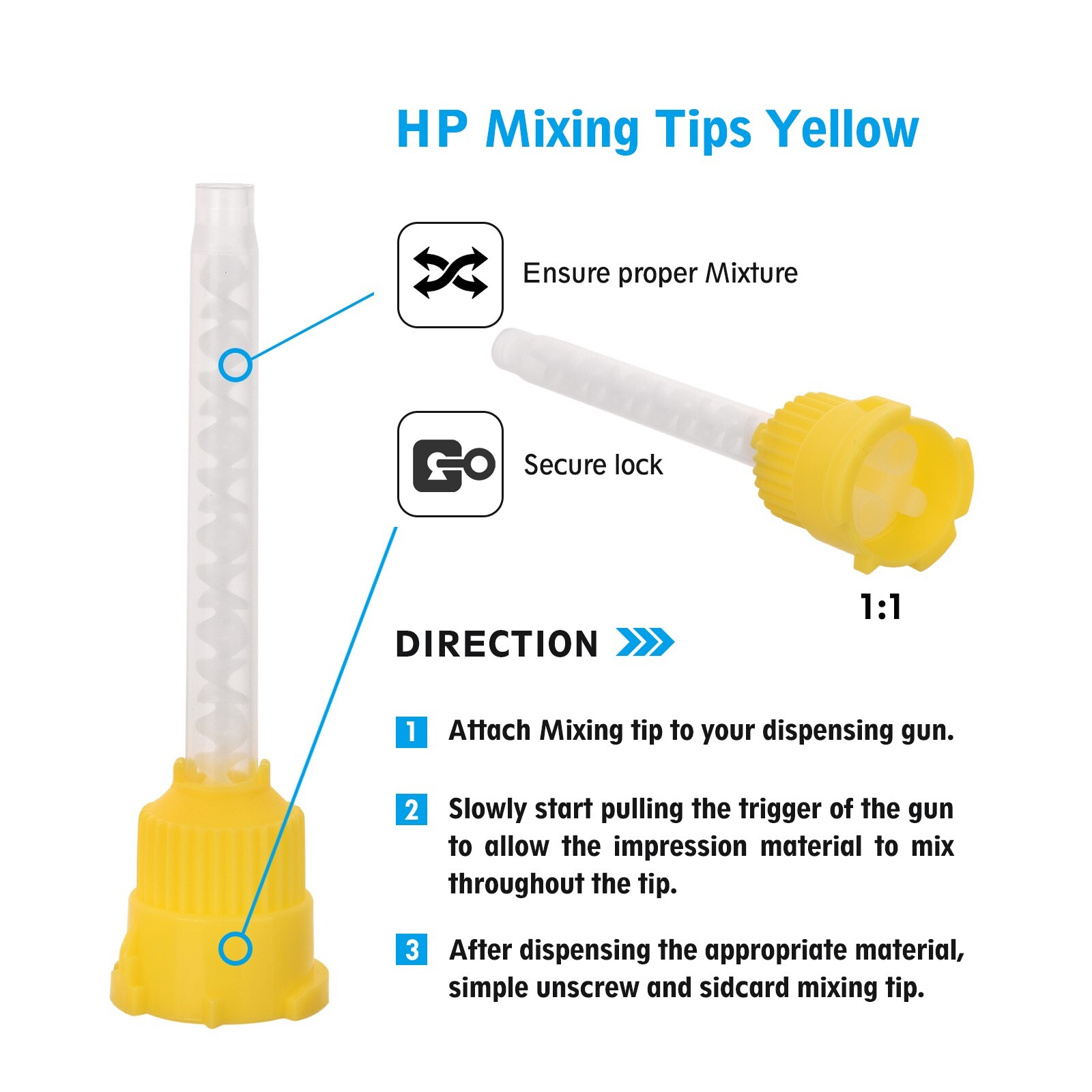 250(5 Bags) Dental Mixing Tips Impression HP Tips Yellow 5.0mm(1:1)