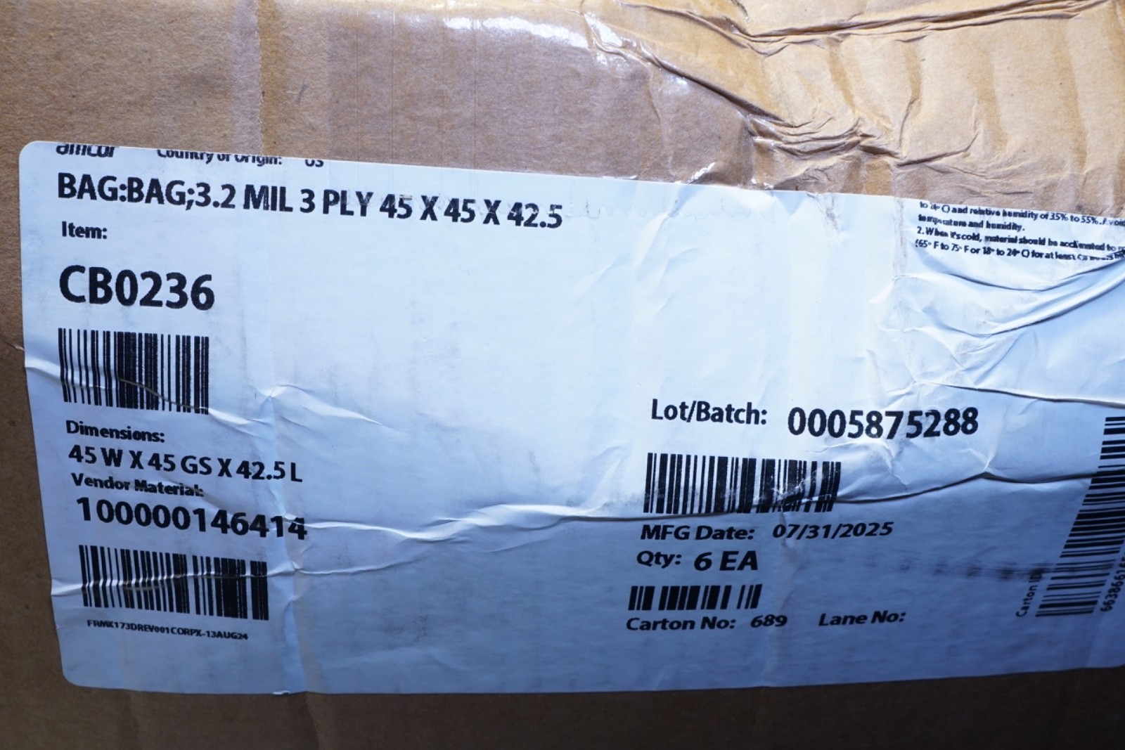 READ! Lot 6 Amcor Chep 45 W x 45 GS x 42.5 L CB0236 Bag 3.2 MIL 3 Ply Liquid IBC
