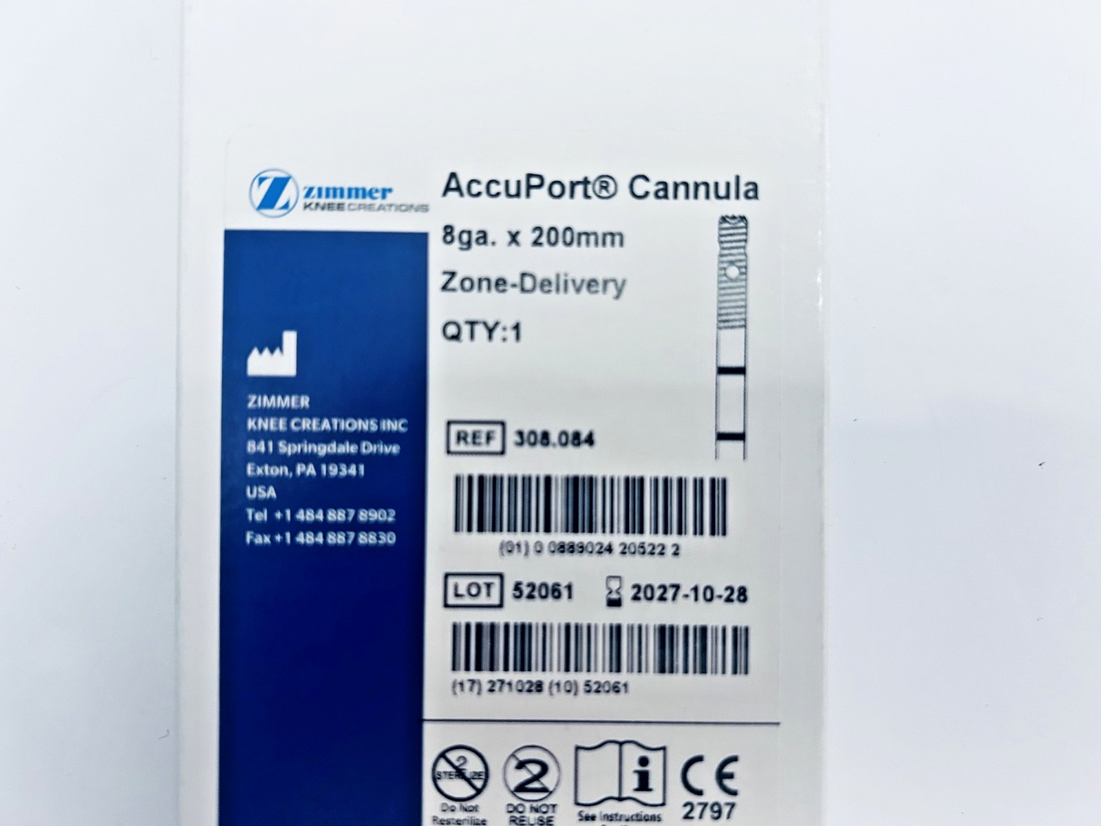 Zimmer AccuPort Cannula 8Ga x 200mm Zone Delivery REF 308.084 Exp 2027