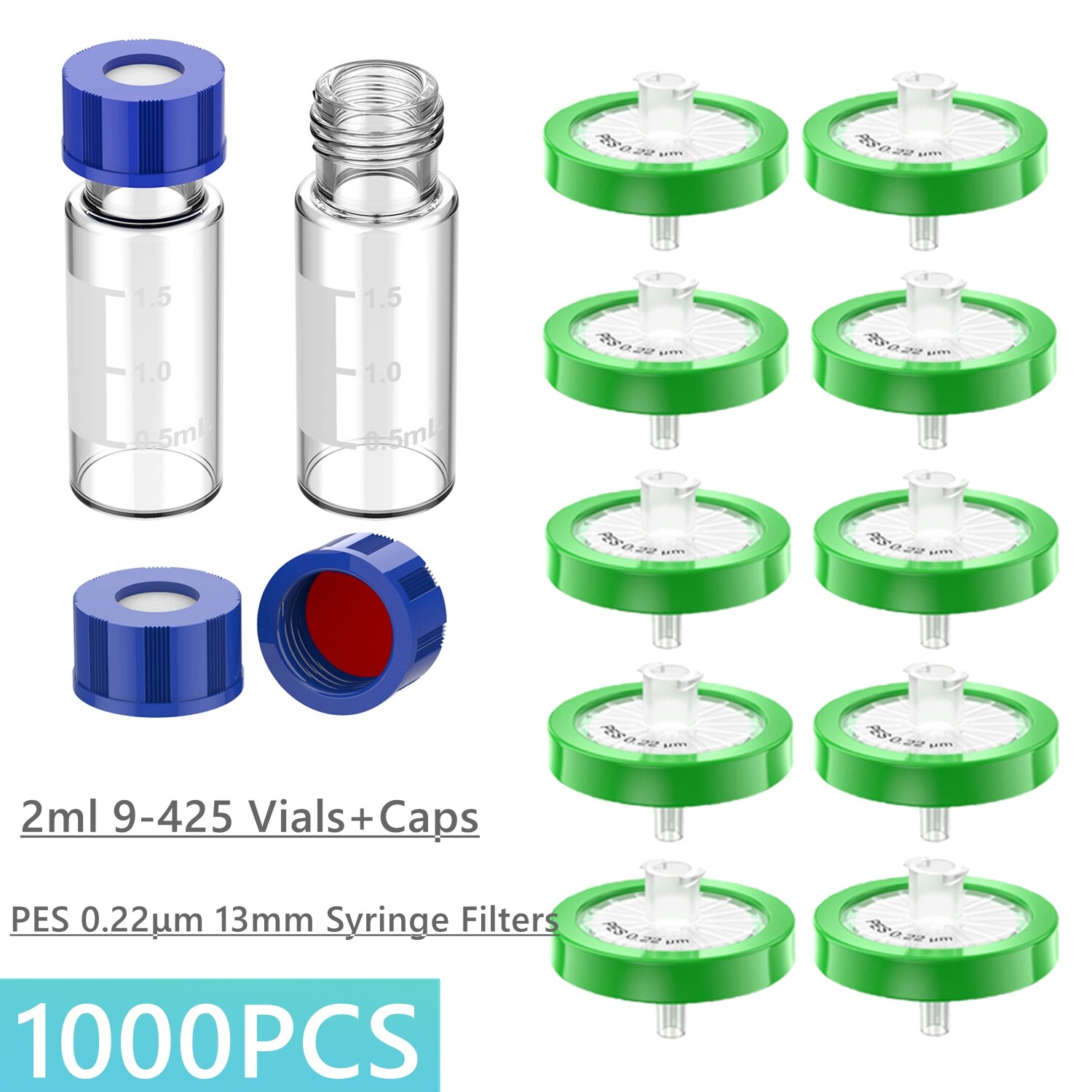 1000pcs 2mL 9-425 Sample Vials Caps +PES 0.22μm 13mm Syringe Filters Hydrophilic