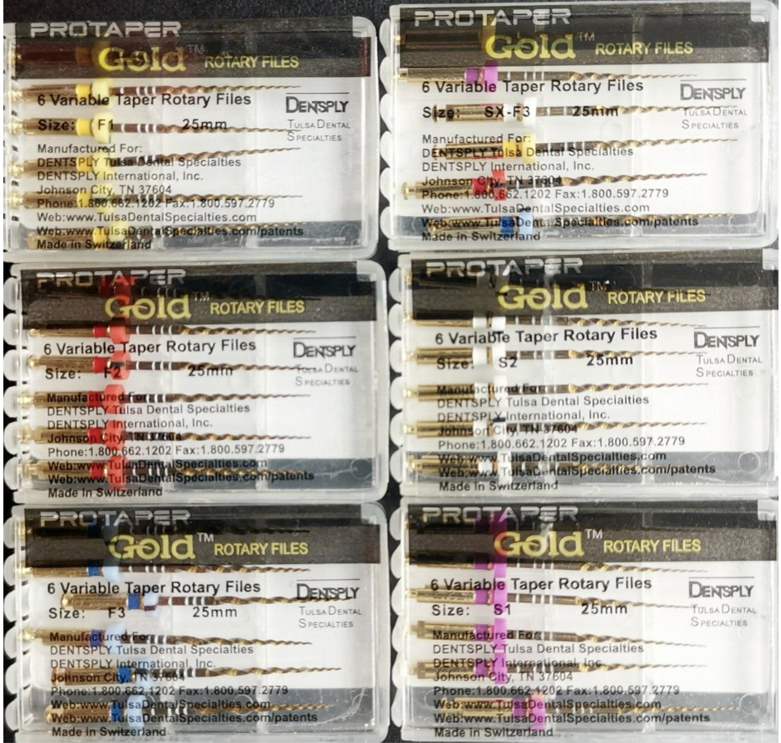 Dentsply ProTaper Gold Rotary Files F1,F2,F3,S1,S2,SX-F3, SX19 6 file pkg 1