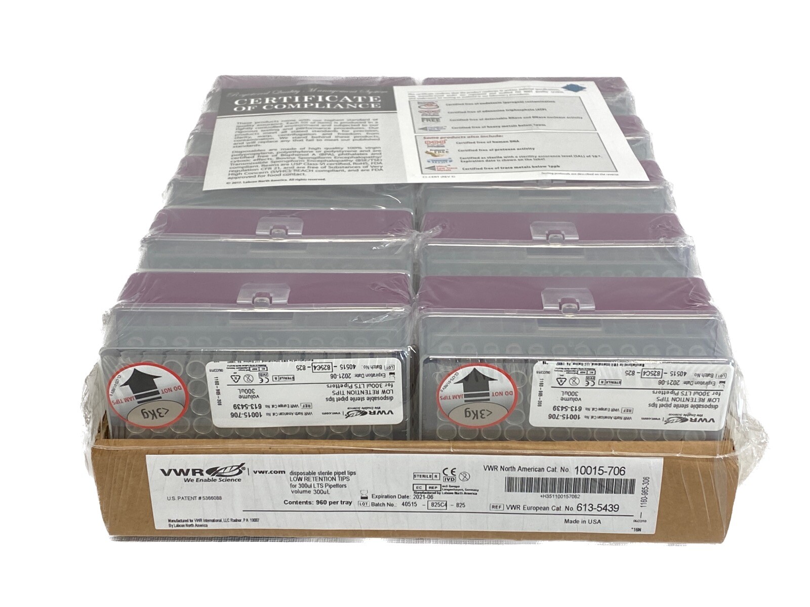 (960/Pk) VWR 300uL Low Retention Pipet Tips Hinged 10×96/Rk Tray 10015-706
