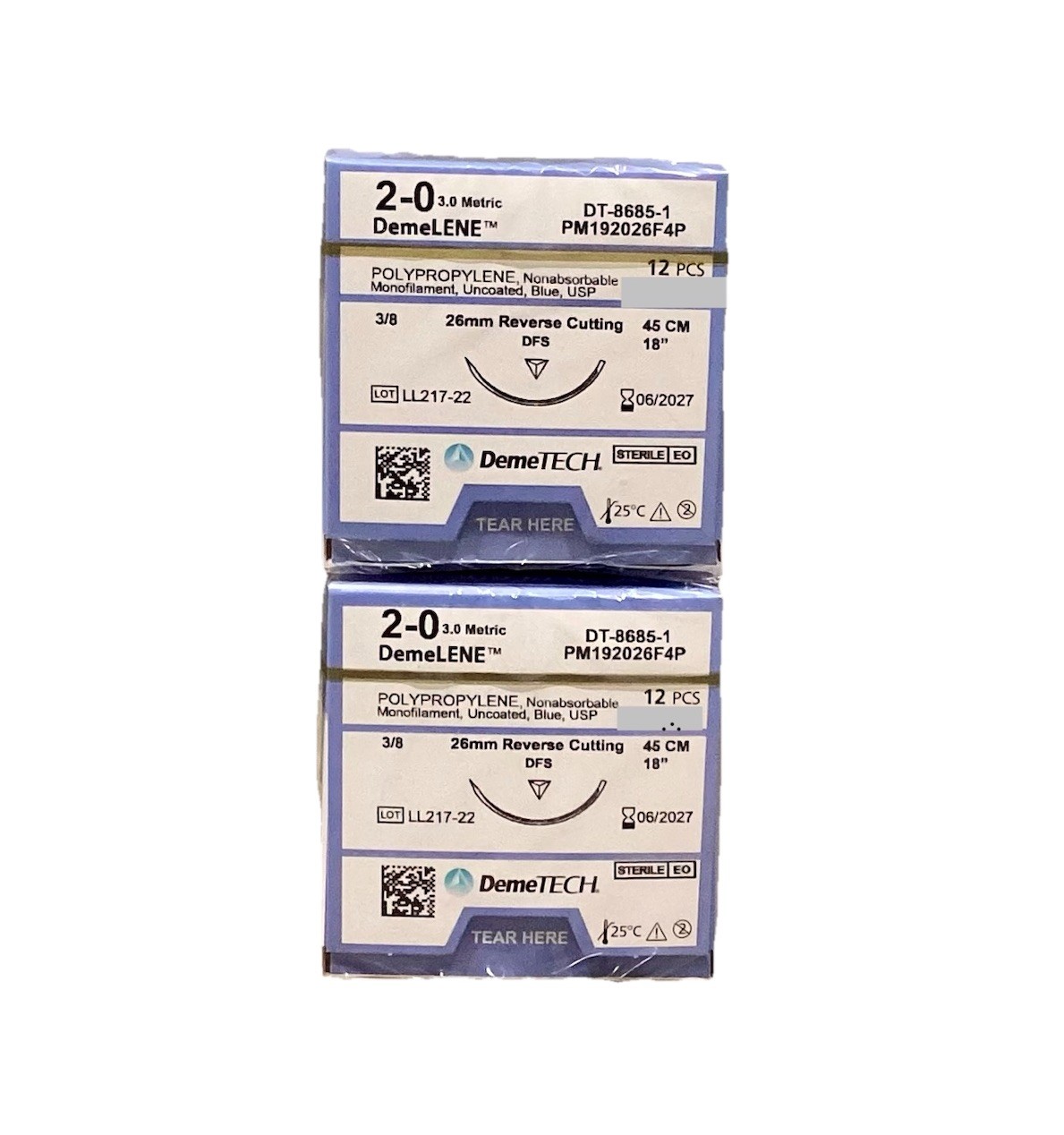 DemeLENE 2-0 Polypropylene Sutures 18” DFS 26mm RC 3/8c EXP 2027 NEW 2ct