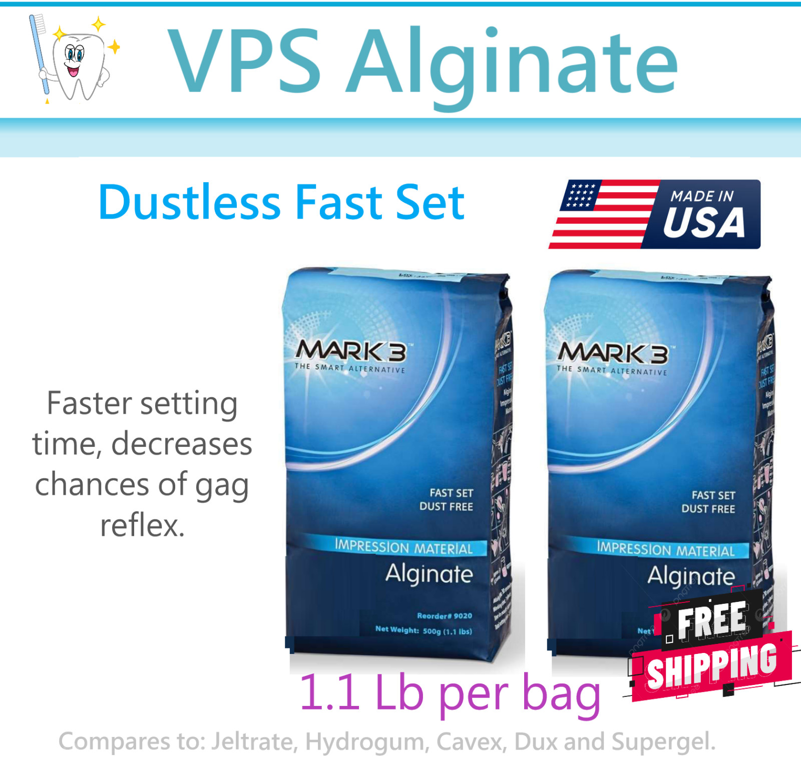 MARK3 Alginate Impression Material Dust Free Fast Set 1.1Lb Pouch Upto 1/3-Box