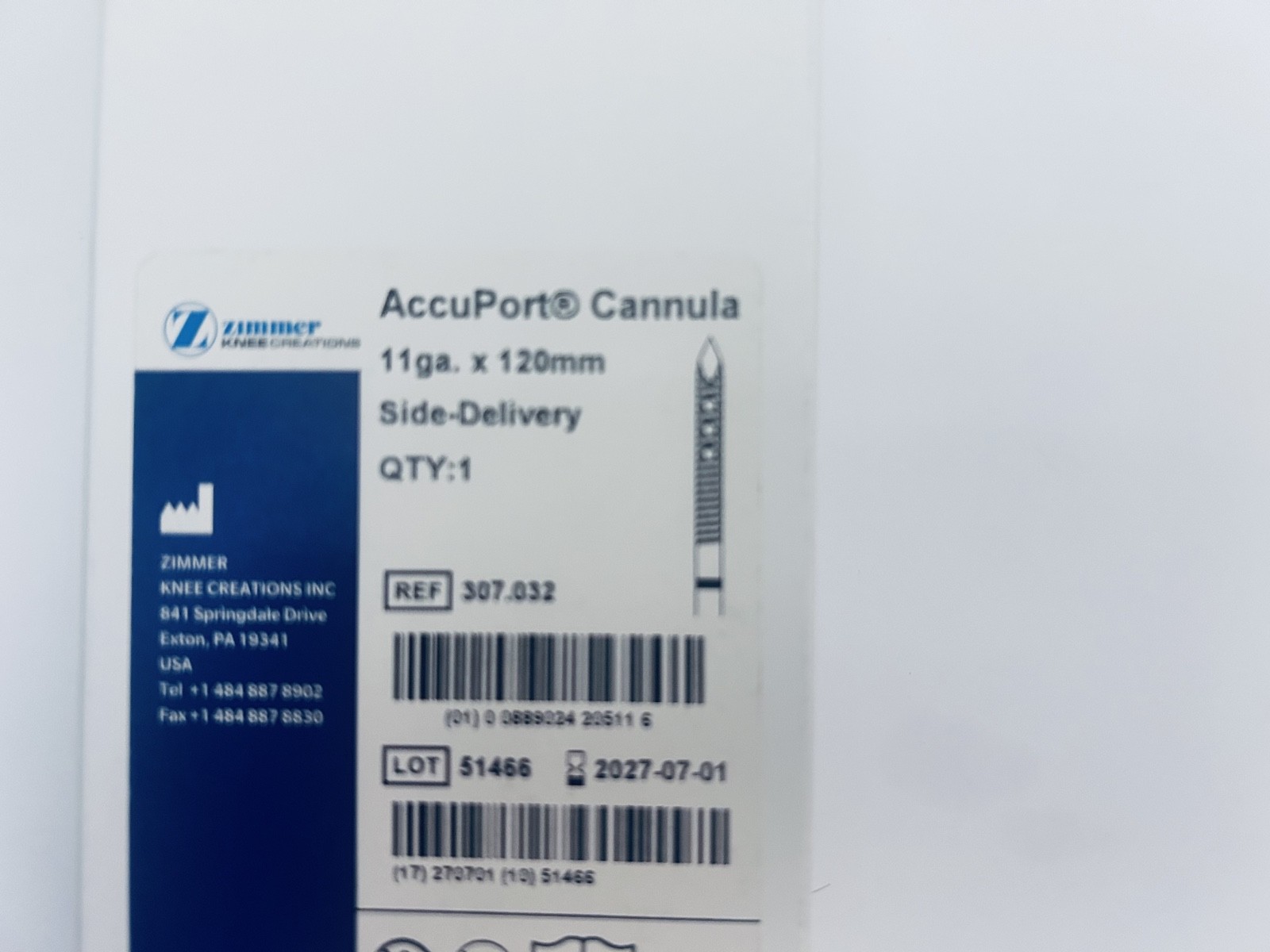 Zimmer AccuPort Cannula 307.032 11 Gauge x 120mm Sterile Exp 2027/07 NEW