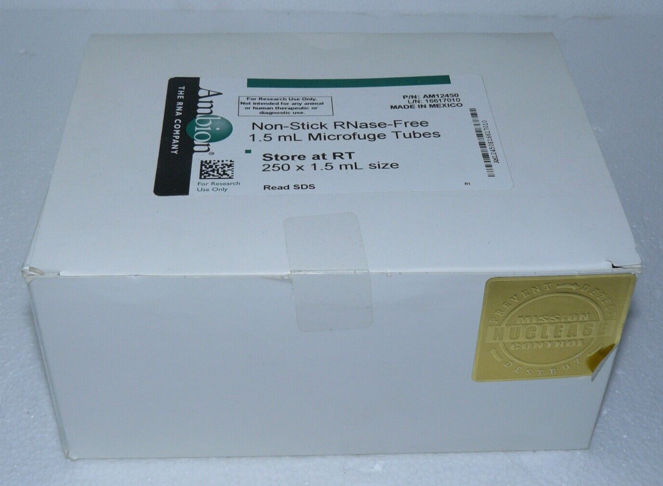 Invitrogen AM12450 Non-Stick 1.5mL Microfuge Tubes Sealed Box of 250 pcs New