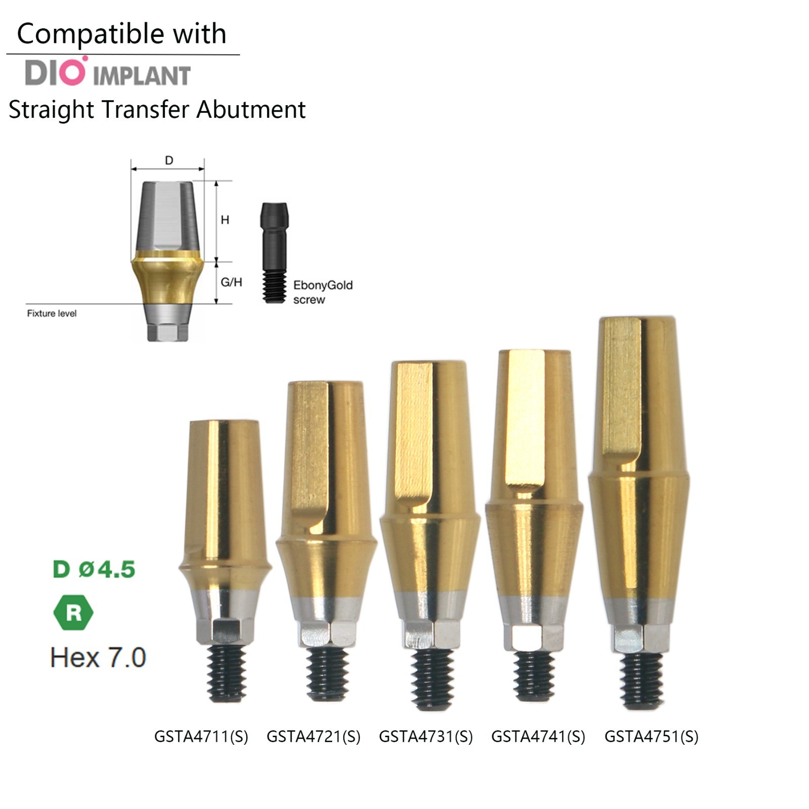 US Straight Abutment Internal Hex 7.0mm H W/Screw For DIO UFII Regular Implants