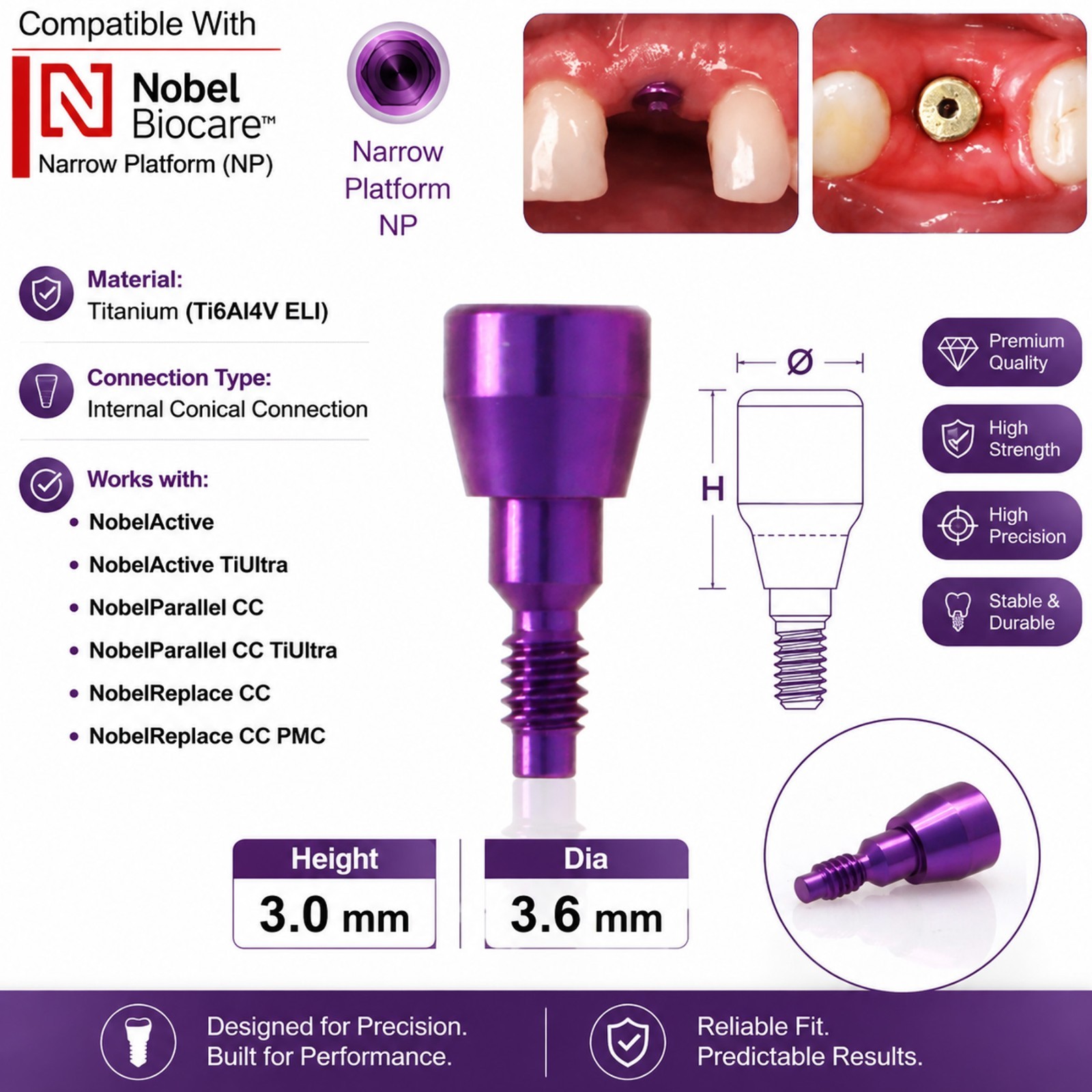 US Nobel Biocare Titanium Healing Abutment NP RP Internal Conical ∅3.6/5.0/6.0mm
