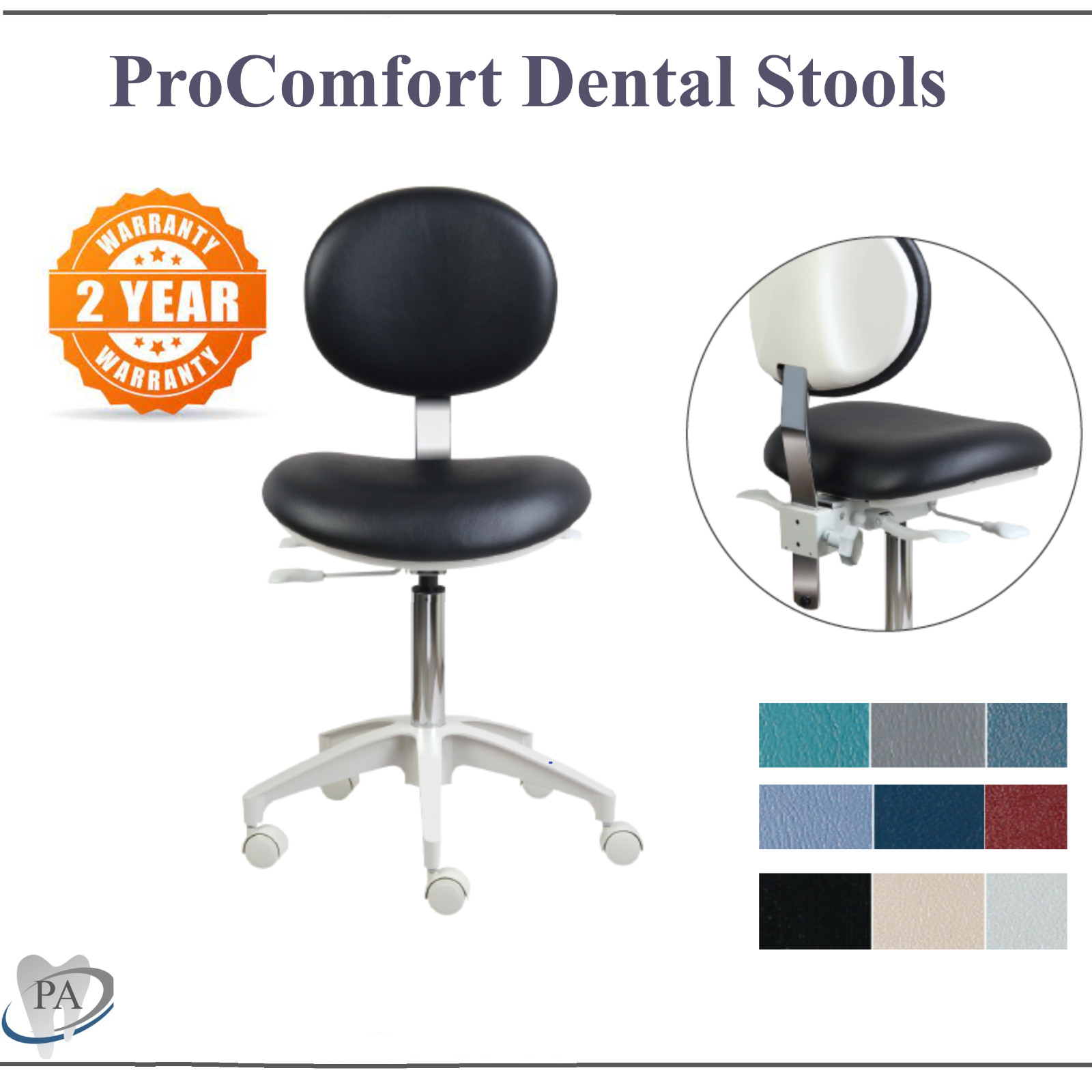 ProComfort Dental Doctor Stool Adjustable Seat, Back Height, 2 Year Warrnty, USA