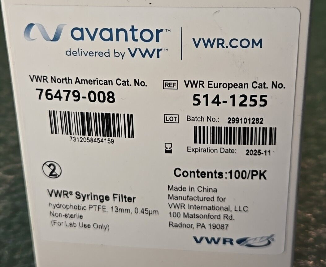 VWR PTFE 0.45μm 13ML mm Syringe Filter (100/Case) 76479-008 | 514-1255 | 11/25