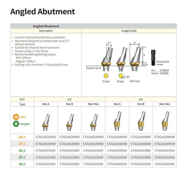 US Dental 17° Angled Abutment For Hiossen ET III Osstem TS Mini Regular Platform