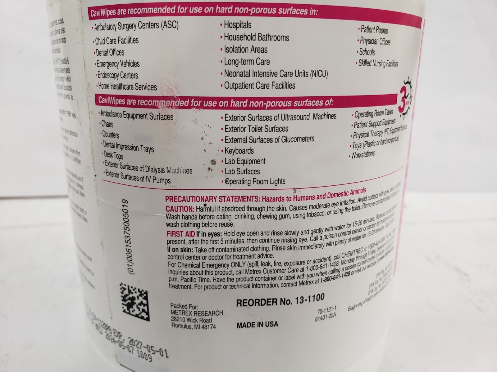 Metrex CaviWipes 13-1100 Germicidal Hospital Towelettes Lg 6″ x 6.75″ 220 Can