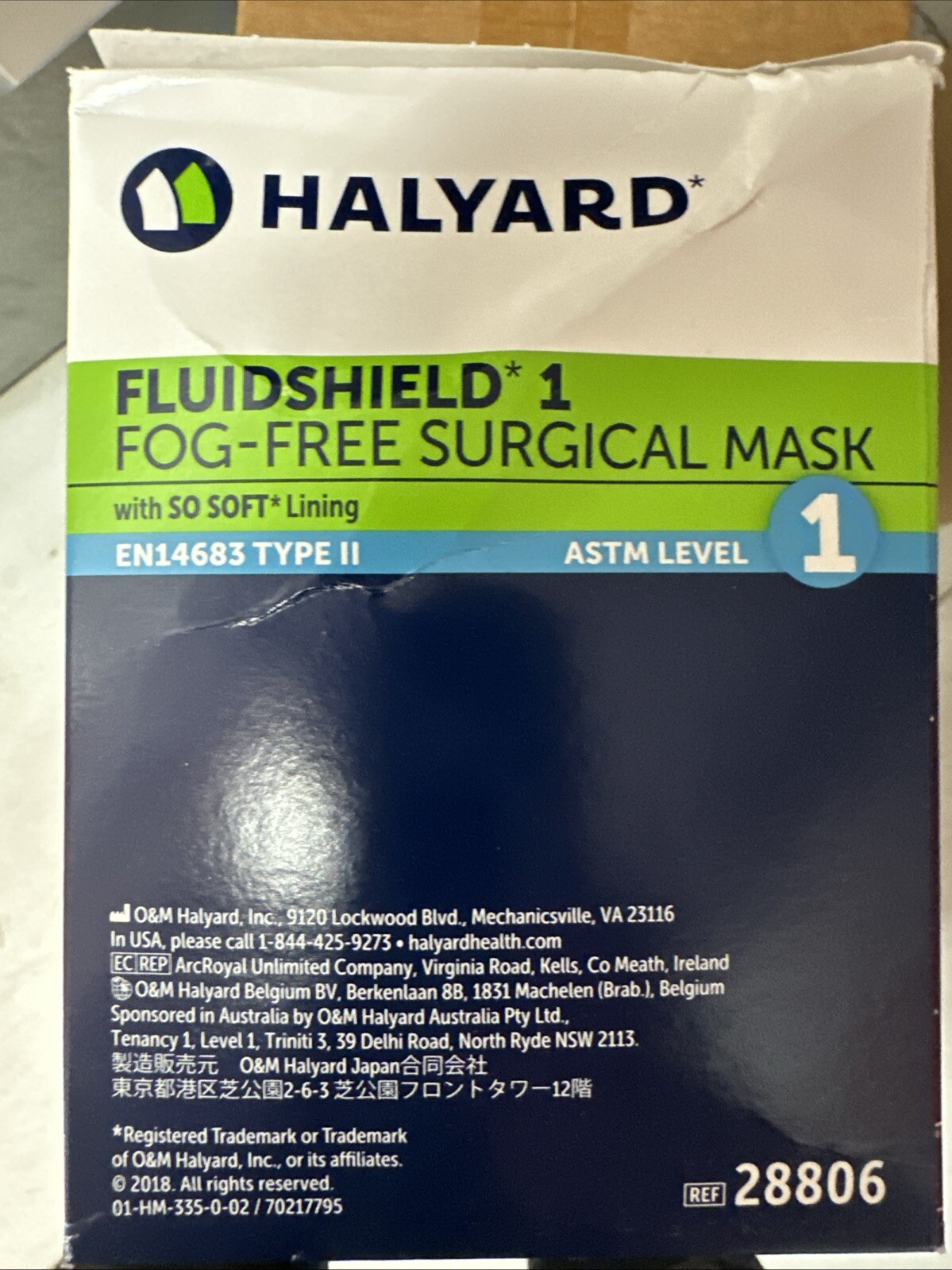 Fluidshield 1 Fog-Free Surgical Mask, ASTM Level 1, Halyard #28806, 300/Case!