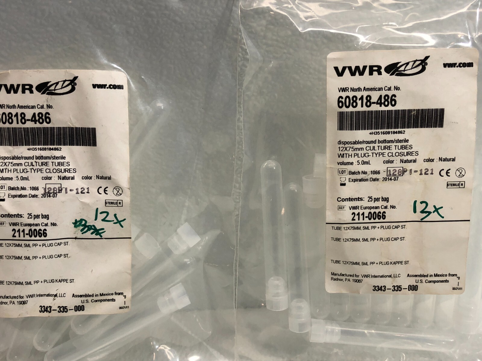 VWR 60818-486 Disposable/Round Bottom 12 x 75mm Culture Tubes 5.0mL Lot Of 2