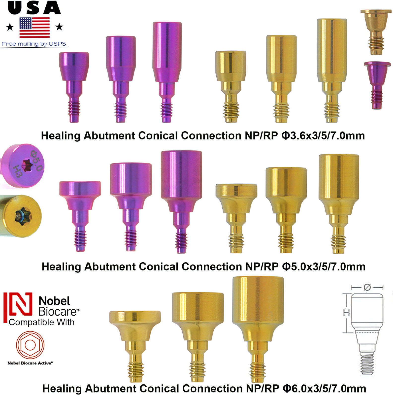 Dental Healing Abutment Fits Nobel Biocare Conical Connection NP RP All Platform
