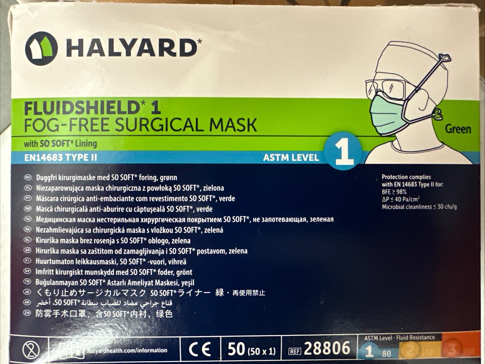 Fluidshield 1 Fog-Free Surgical Mask, ASTM Level 1, Halyard #28806, 300/Case!