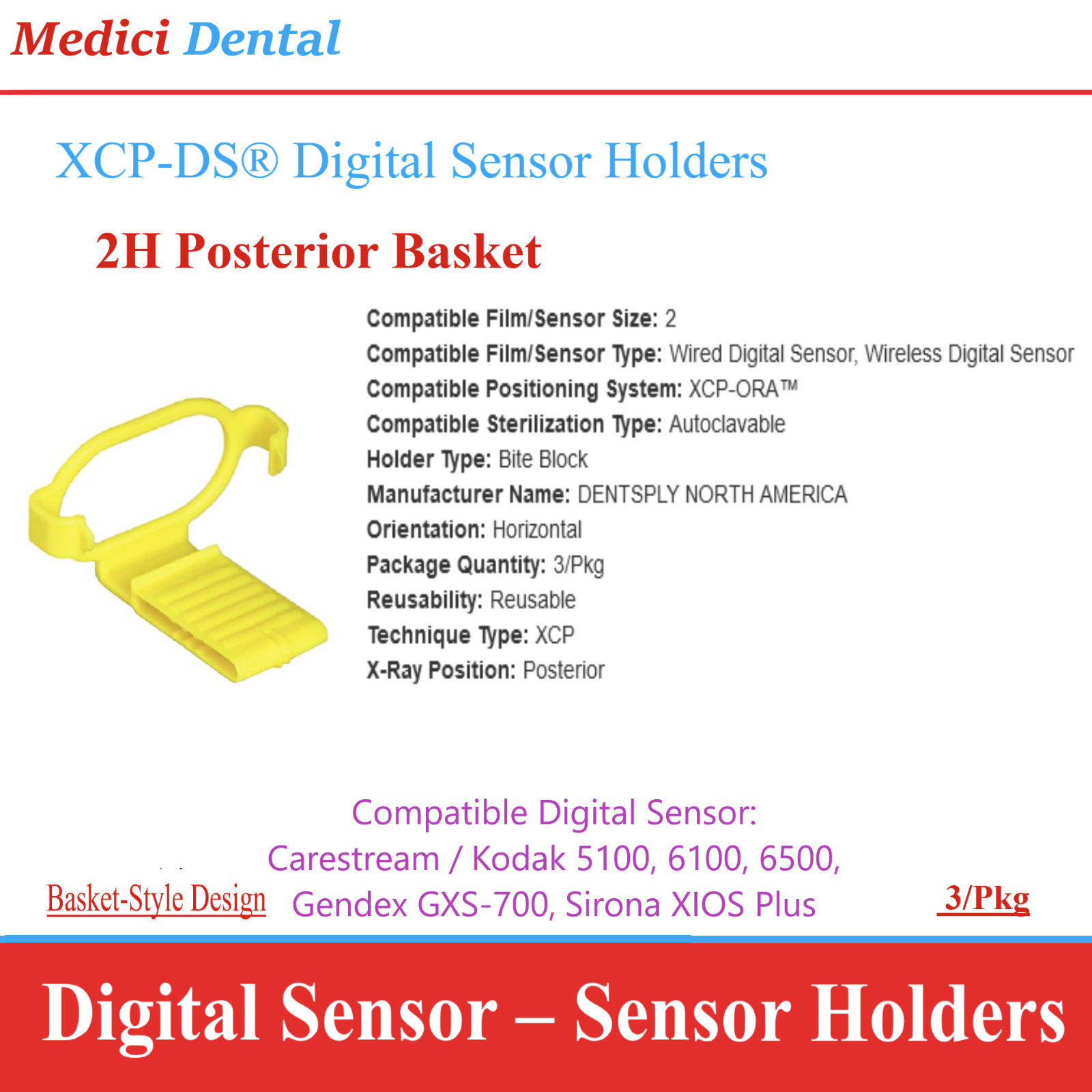 Dental X-Ray XCP-DS Carestream Kodak 6100 Sensor Holder 2H Posterior Basket 3/Pk