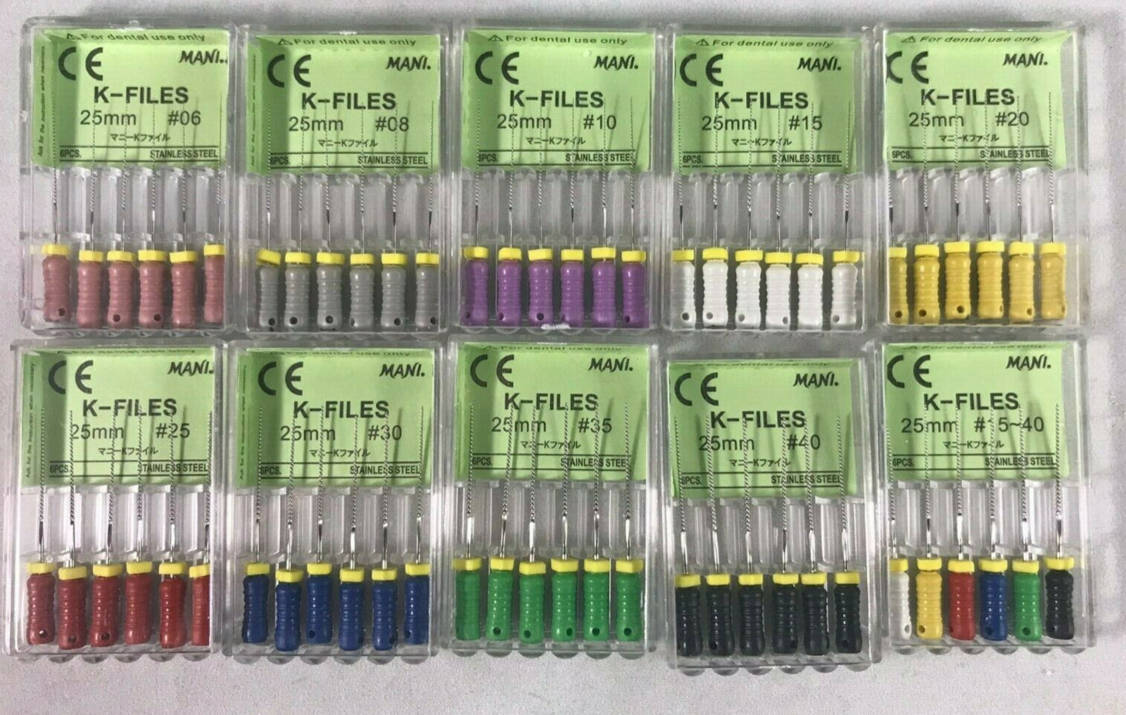 Mani Dental Root Canal Endo Stainless Steel K-files 25mm Size all sizes 10 pack