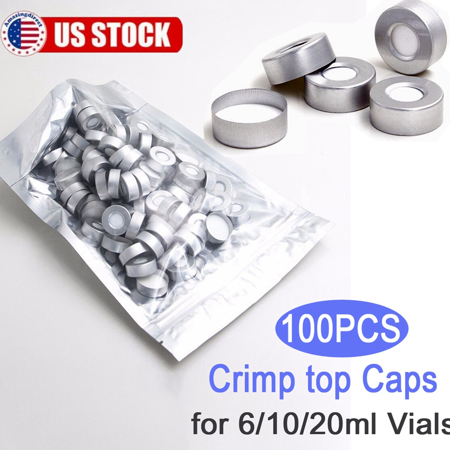 5000pcs 20mm Aluminum Crimp Cap PTFE/White Silicone Septa F 10ml/20ml HPLC Vials