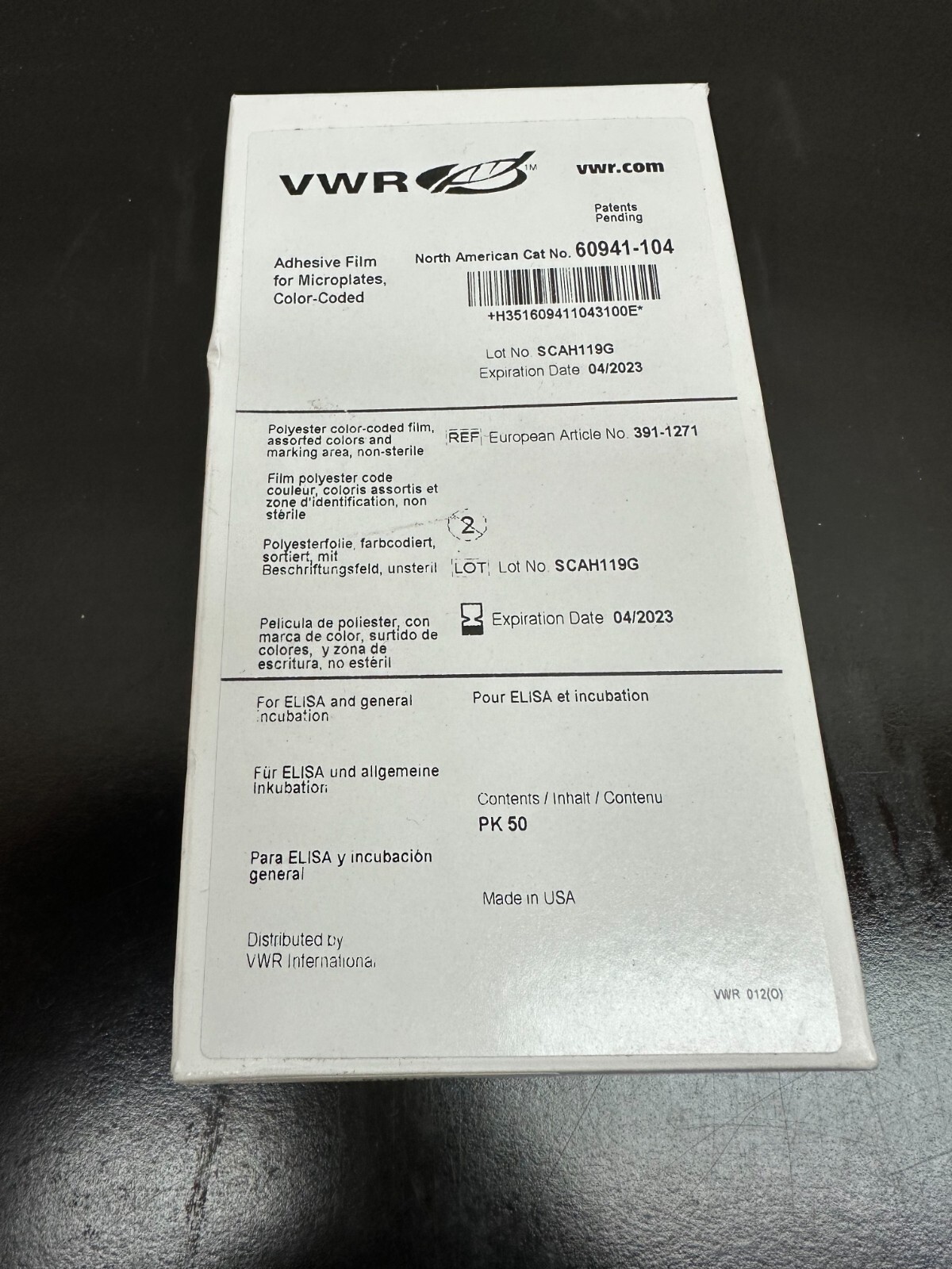 VWR Cat No 60941-104 Adhesive Film For Microplates Color-Coded