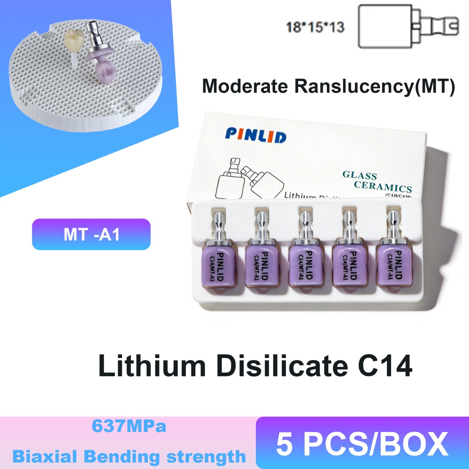 Dental C14 MT Lithium Disilicate Glass Ceramic Blocks A1–BL4 CAD/CAM 5pcs/Box