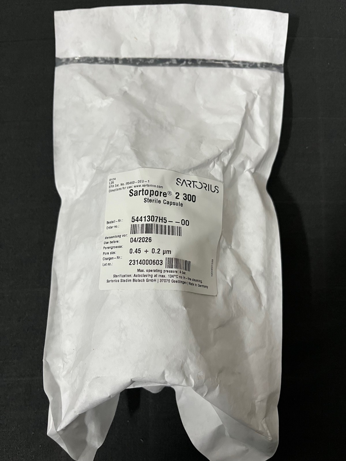 Sartorius 5441307H5 00 Sartopore 2 300 Sterile Capsule , 0.45 + 0.2 µm, Exp 4/26